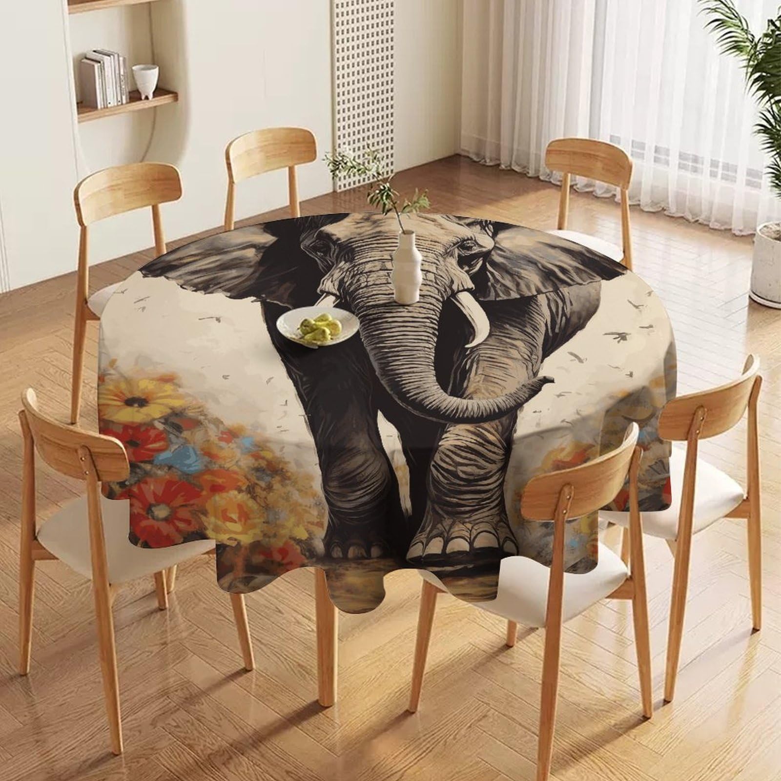 Nappe ronde imperméable motif éléphant 178x178 cm pour table de cuisine