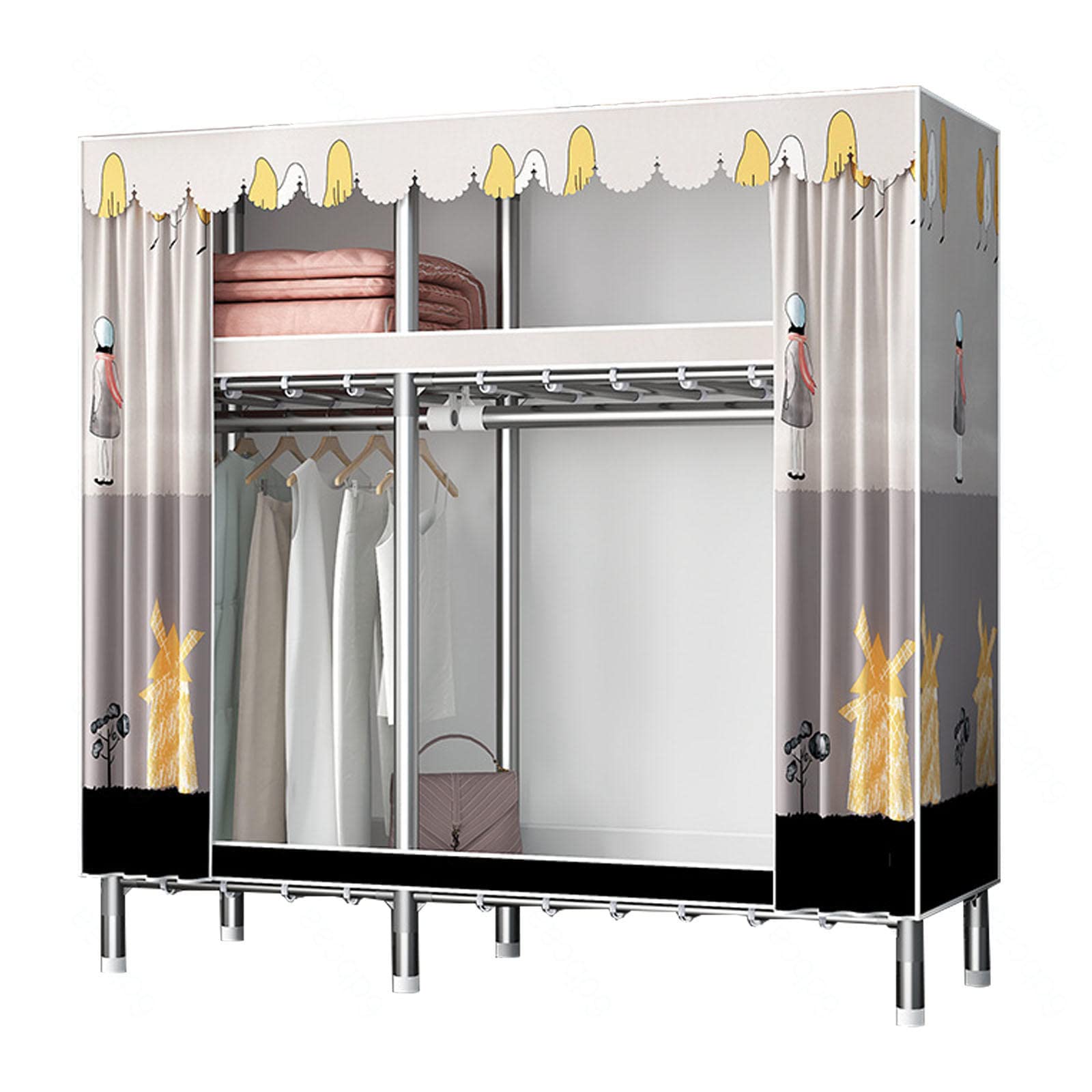 Tragbarer Kleiderschrank, Aufbewahrungsorganisator für Kleiderschränke, Stoffgarderobe mit Kleiderstange, Regalen, faltbarer Schrank für Kleidung, Taschen,B-143x45x169cm
