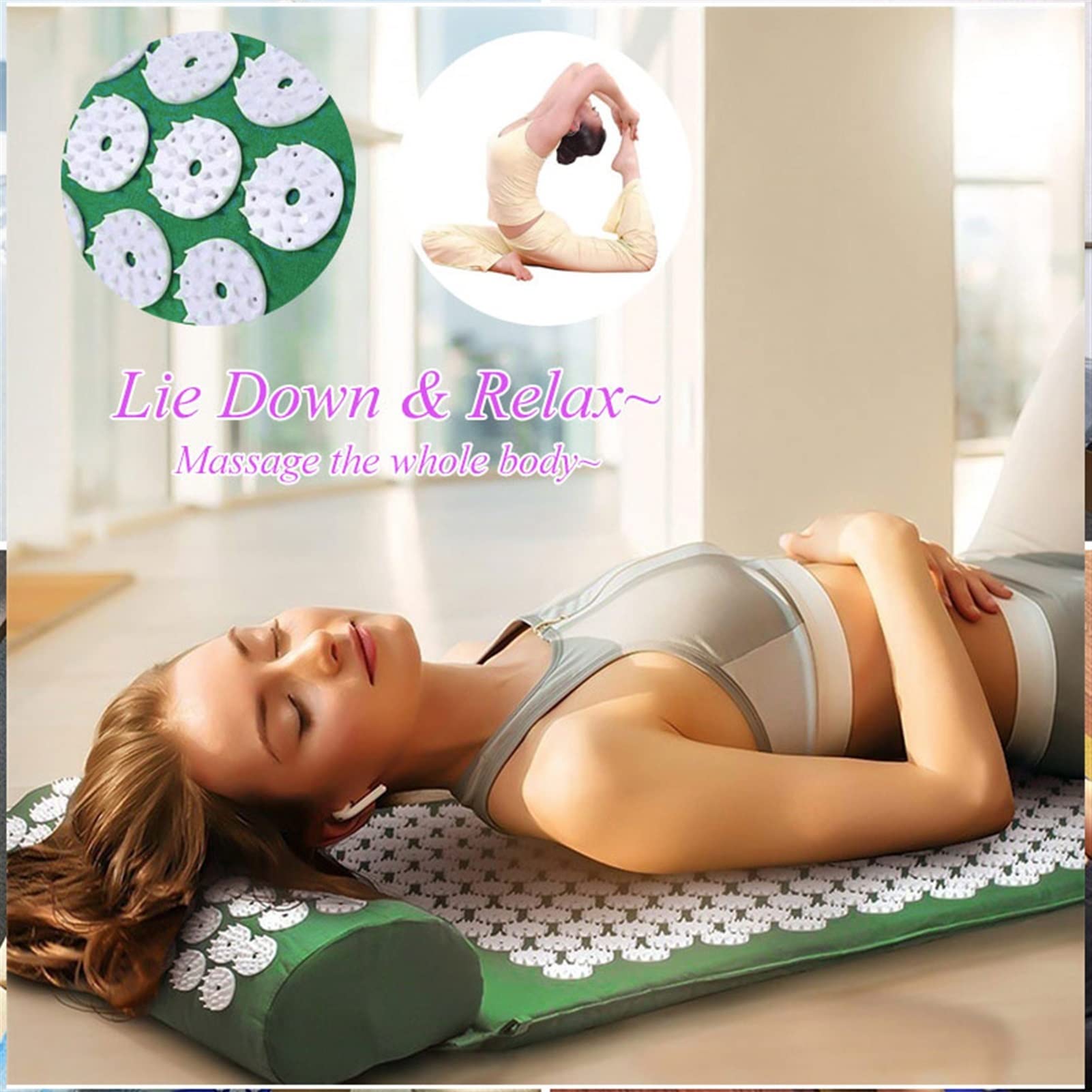 DieffematicYJD Tapis De Sport Tapis de Massage à Tapis d'acupressure et Oreiller Soulager Relax Relax Muscles Tapis de Yoga antidérapants Tapis d'acupuncture Coussins Applicateur (Color : Green)