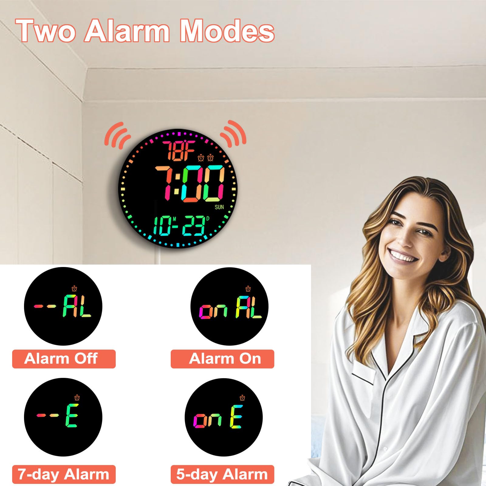 QINFIEY Grande horloge murale numérique RVB à changement de couleur avec télécommande | Affichage LED avec 3 niveaux de luminosité et affichage de la température | Parfaite pour la maison, la salle de
