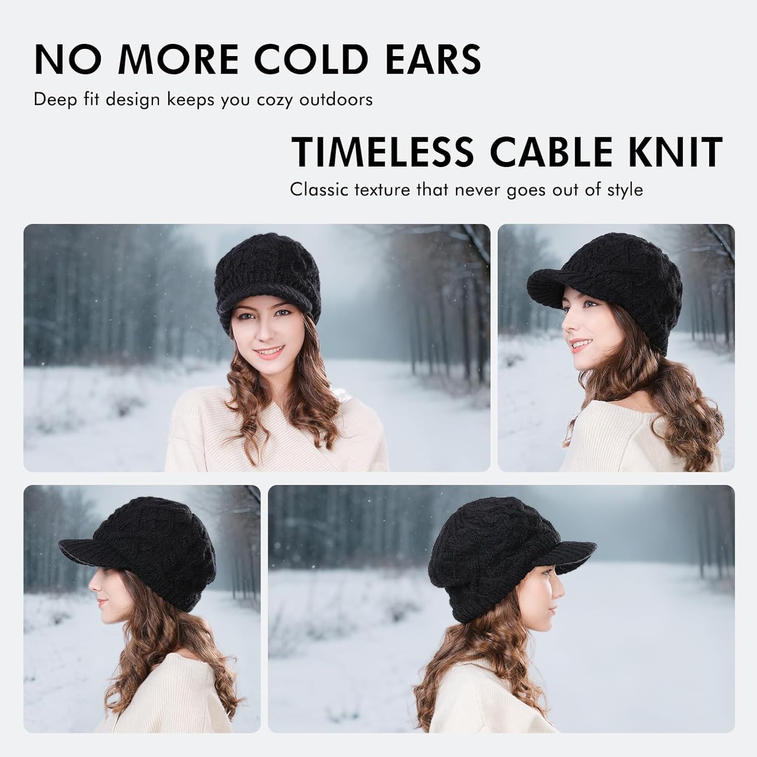 Comhats Winter Wool Beanie Visor Hat with Brim for Women Knit Cable Newsboy Hats Warm Cute Cold Gift Snow Stocking Caps Dark Gray Medium - Image 4