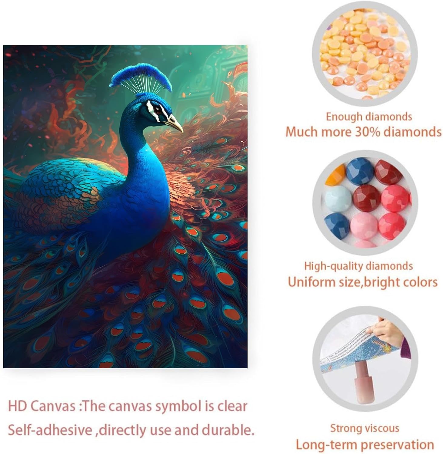 CUEAEAD Diamond Painting Kit - Blue Peacock Diamond Painting, 5D Full Round Diamond Diamond Art Painting for Adults with DIY Accessories, Home Wall Decor Premium Gift 12x18 Inch