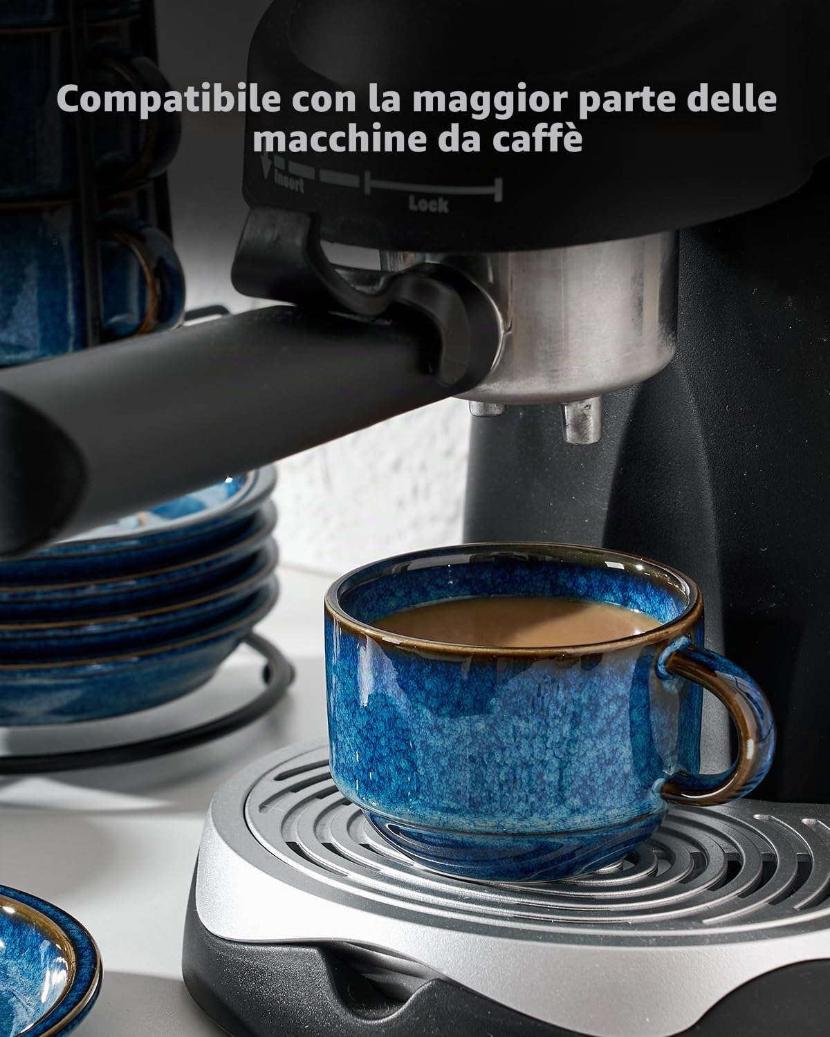 HOME DECOR Set di tazze da caffè – processo di smalto reattivo – 6 tazze da caffè da 140 ml con piattino e supporto – eleganti tazze in ceramica per espresso, cappuccino e latte – blu glassa reattiva