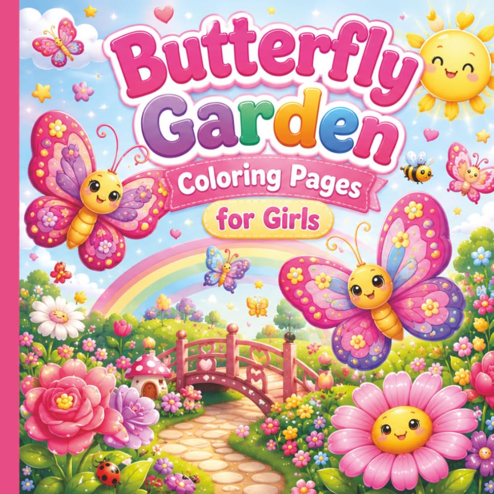 Butterfly Garden Coloring Book for Girls: Cute Butterflies, Flowers, Rainbows & Fun Nature Pages for Kids Ages 4–8