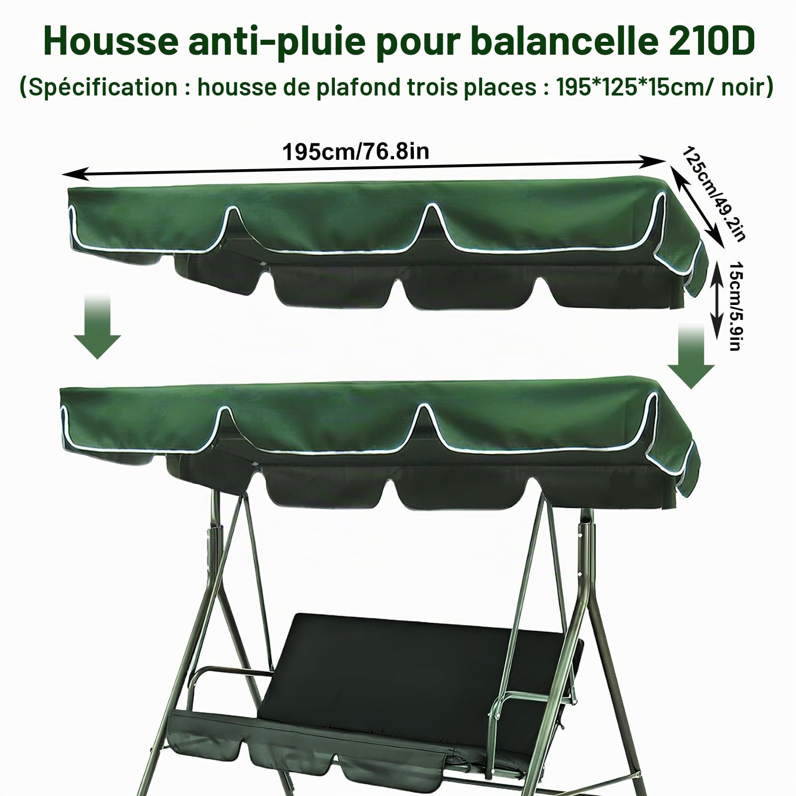 Toit pare-soleil pour balancelle de jardin - Universel - 195 x 125 x 15 cm - Auvent d'extérieur imperméable - Pour balancelle de jardin - Vert foncé