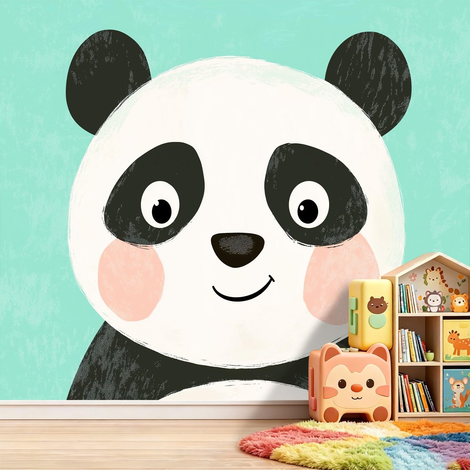Generico Tapeta z kreskówek Panda Efekt 3D, 200 x 140 cm Fototapeta Włóknina | Dekoracja Fototapeta Sypialnia, Niebiesko-Zielony