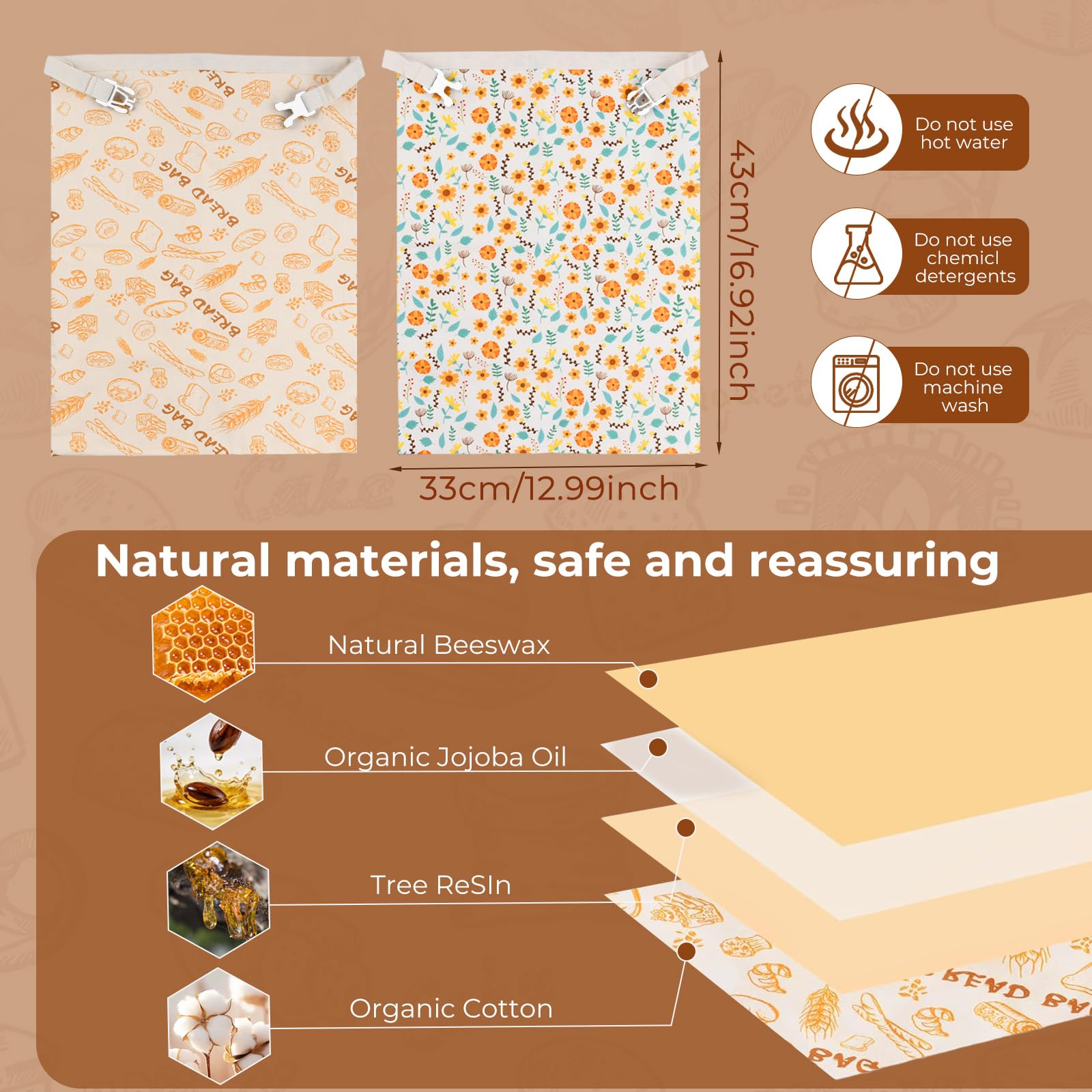 Sacchetti per il pane di cera d'api, 43×33 cm sacchetti di cotone rivestiti in cera d'api naturale, Borsa in cotone per conservare pane fatto in casa e prodotti da forno (confezione da 2)