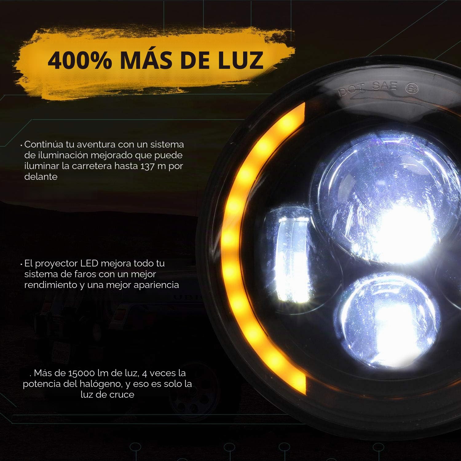 7" Luz de trabajo LED de100W 10000LM 4 lentes Ojos de ángel 3000K+6000K 4 modos de iluminación Luces LED todoterreno redondas negras Cree Luz baja DRL HI LO Haz para Wrangler JK TJ LJ CJ Hummber H1 H2