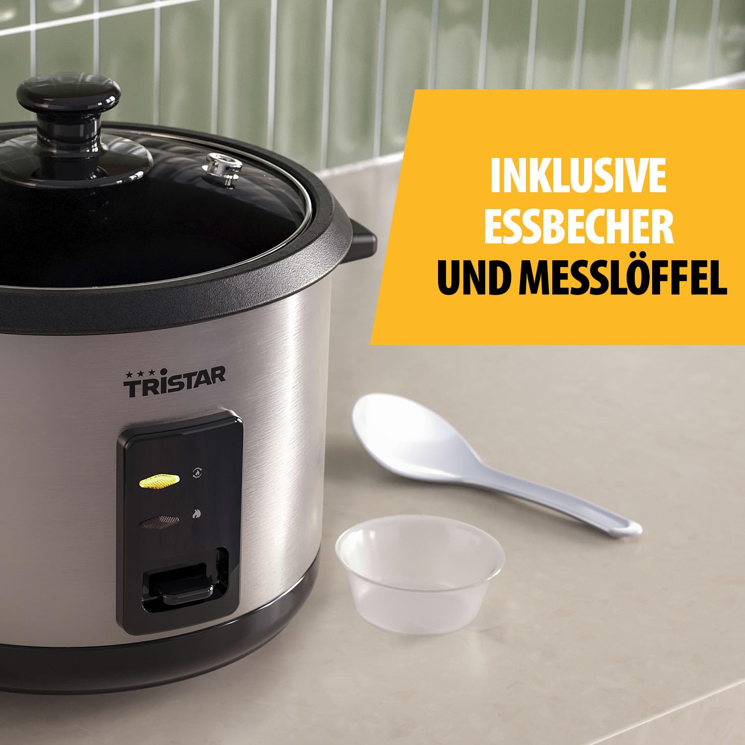 Tristar Reiskocher, 1,8 L Kapazität, Edelstahlgehäuse mit Glasdeckel, Antihaft-Innentopf, Automatische Abschaltung und Warmhaltefunktion, 700 W, RK-6148
