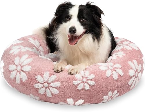 Miniatura 17 de Camas en forma de dona para perros pequeños, camas redondas relajantes para gatos de interior, bonita cama para mascotas con textura de flores 3D