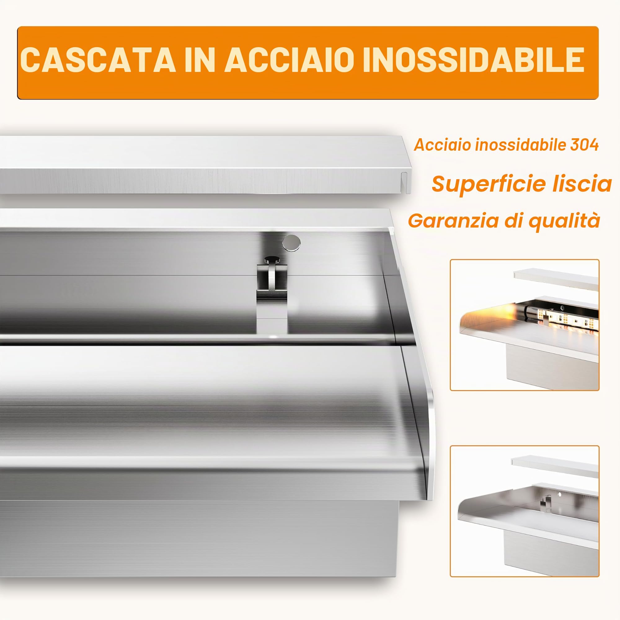 Kit Cascata Piscina Laghetto a lama, Fontana da Giardino Esterno in Acciaio Inossidabile con Accessori, Decorazione Laghetto da Giardino Patio (Lunghezza 60cm, Larghezza 15cm)