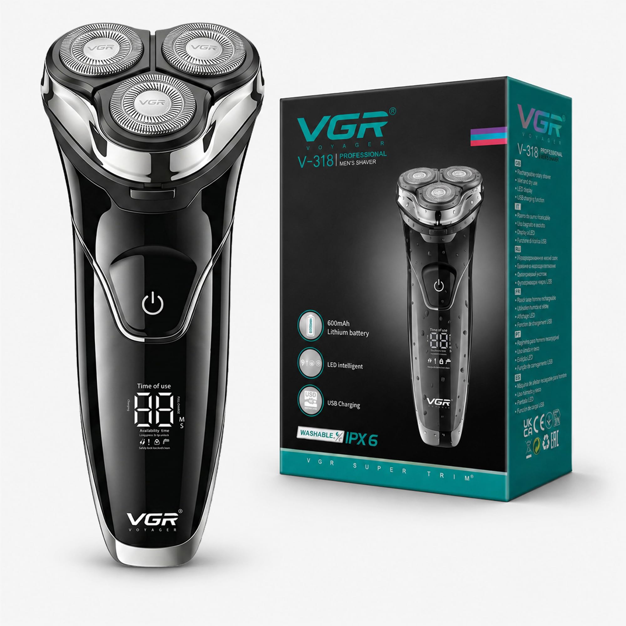 VGR 318 Rasoio Elettrico Senza Fili per Uomo, Testina 3D Girevole, Rifinitore Integrato Estraibile, Impermeabile IPX6, Blocco Anti-Viaggio, Display Digitale LED
