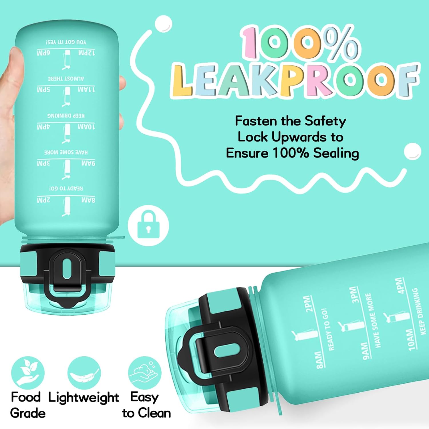 Children's Water Bottle, 500 ml, Straw Bottle, Leak-Proof, Graduated Water Bottle for 1 Day, Easy to Carry, Graduated Bottle, Safety Lock, with Motivational Slogan for School, Camping, Travel