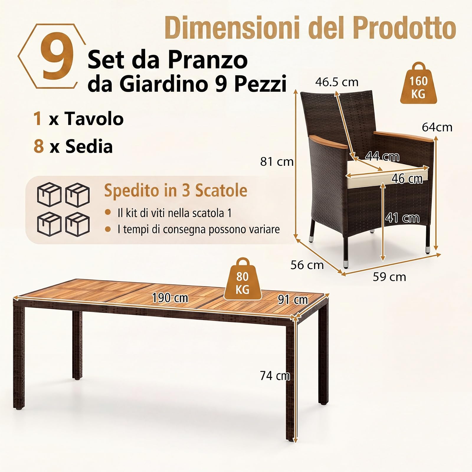 SOARS Set da Giardino Esterno 9 Pezzi, Tavolo e Sedie da Giardino in PE Rattan con Foro per Ombrellone 5 CM, Salotto da Esterno con Cuscini Morbidi per Terrazza e Patio, Portata 180 KG e 150 KG
