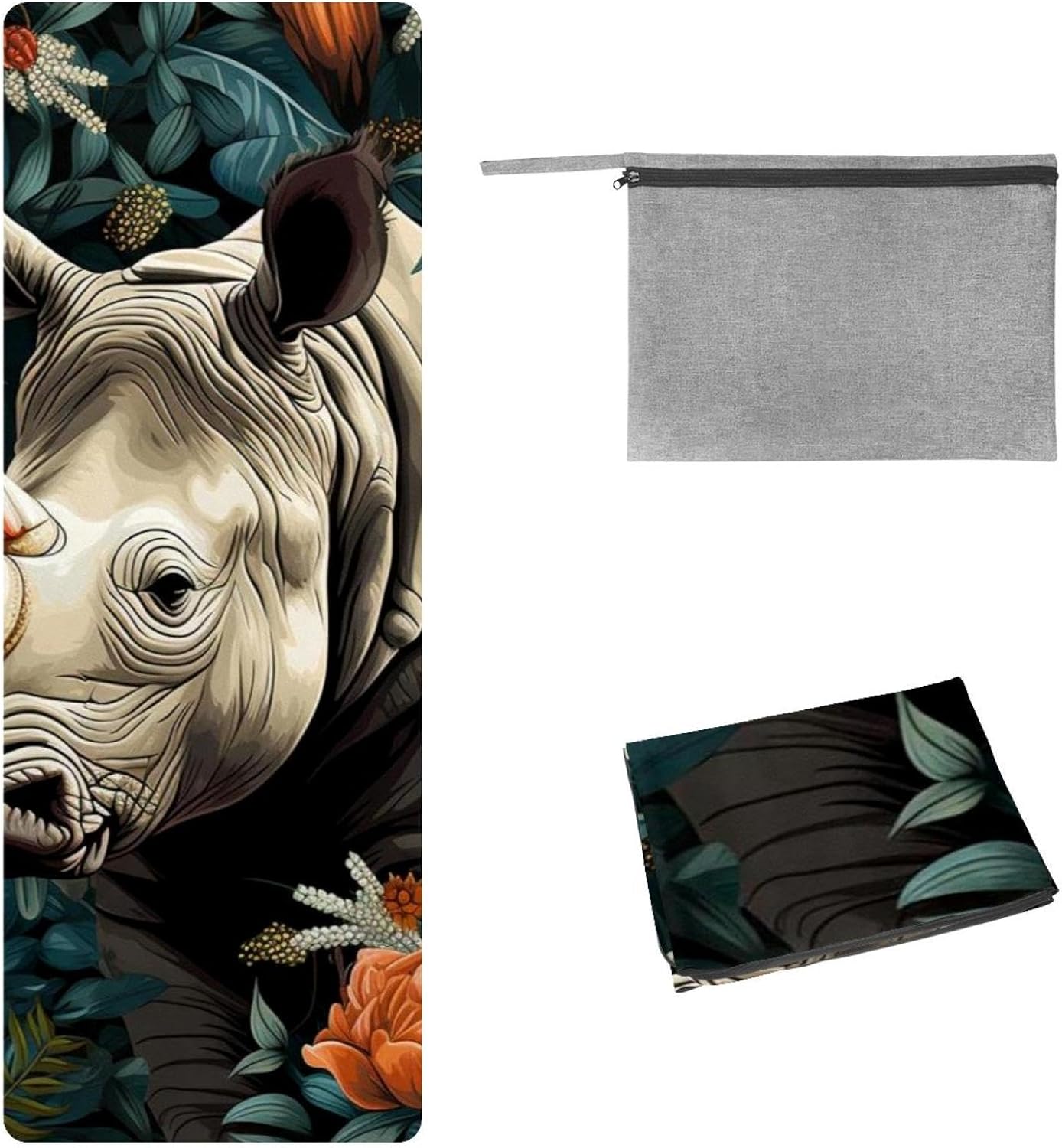 Yoga Towel, Rhino Animal Print Non Slip Sweat Absorbent Hot Yoga Mat Towel for Hot Yoga, Pilates and Fitness - 72.8" x 26.8"