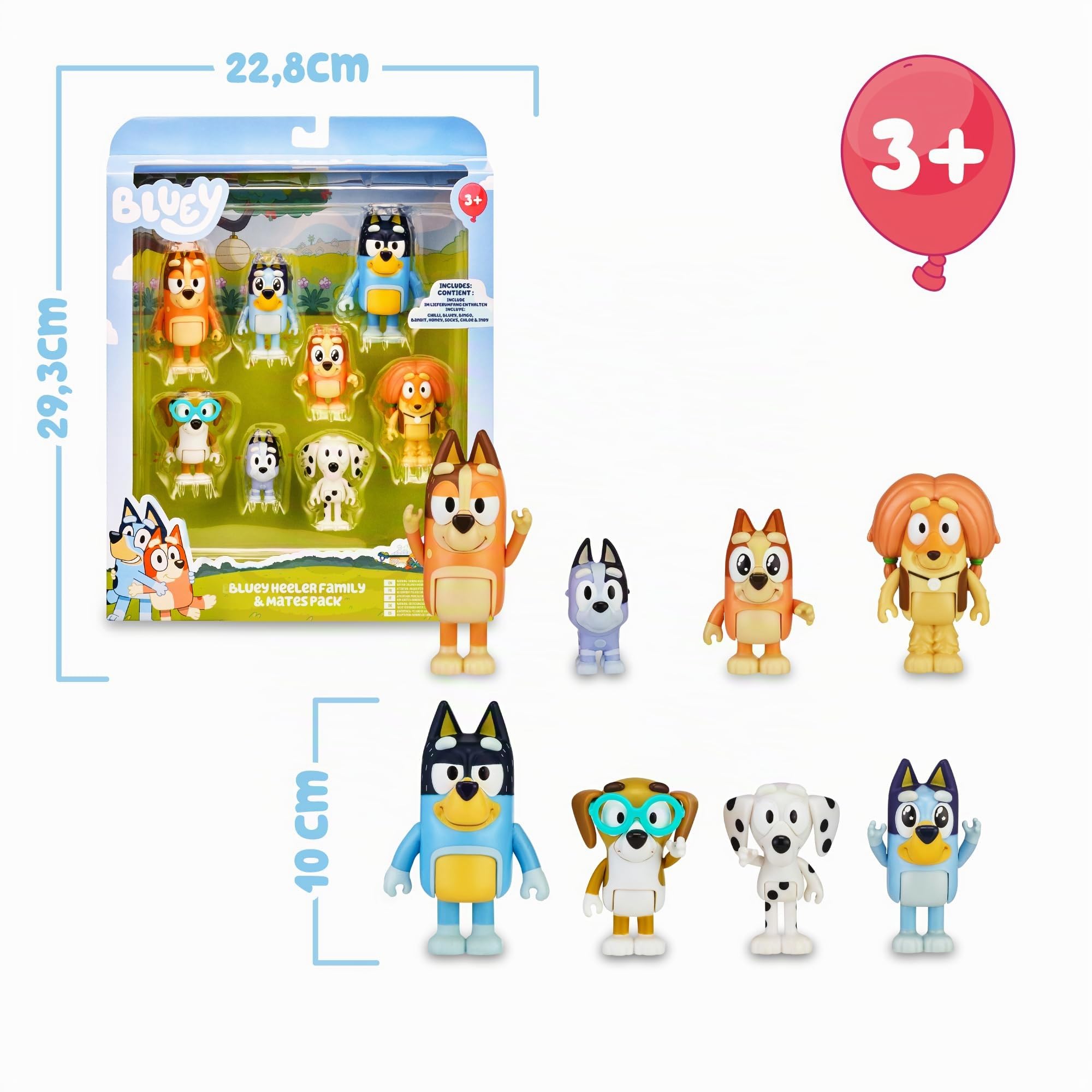 BLUEY - Confezione da 8 figure Famiglia e Compagni del Cole, Figure articolate, bambole da 6 a 8 cm, collezione di personaggi della serie di disegni per bambini, ragazzi e ragazze +3 anni, famoso