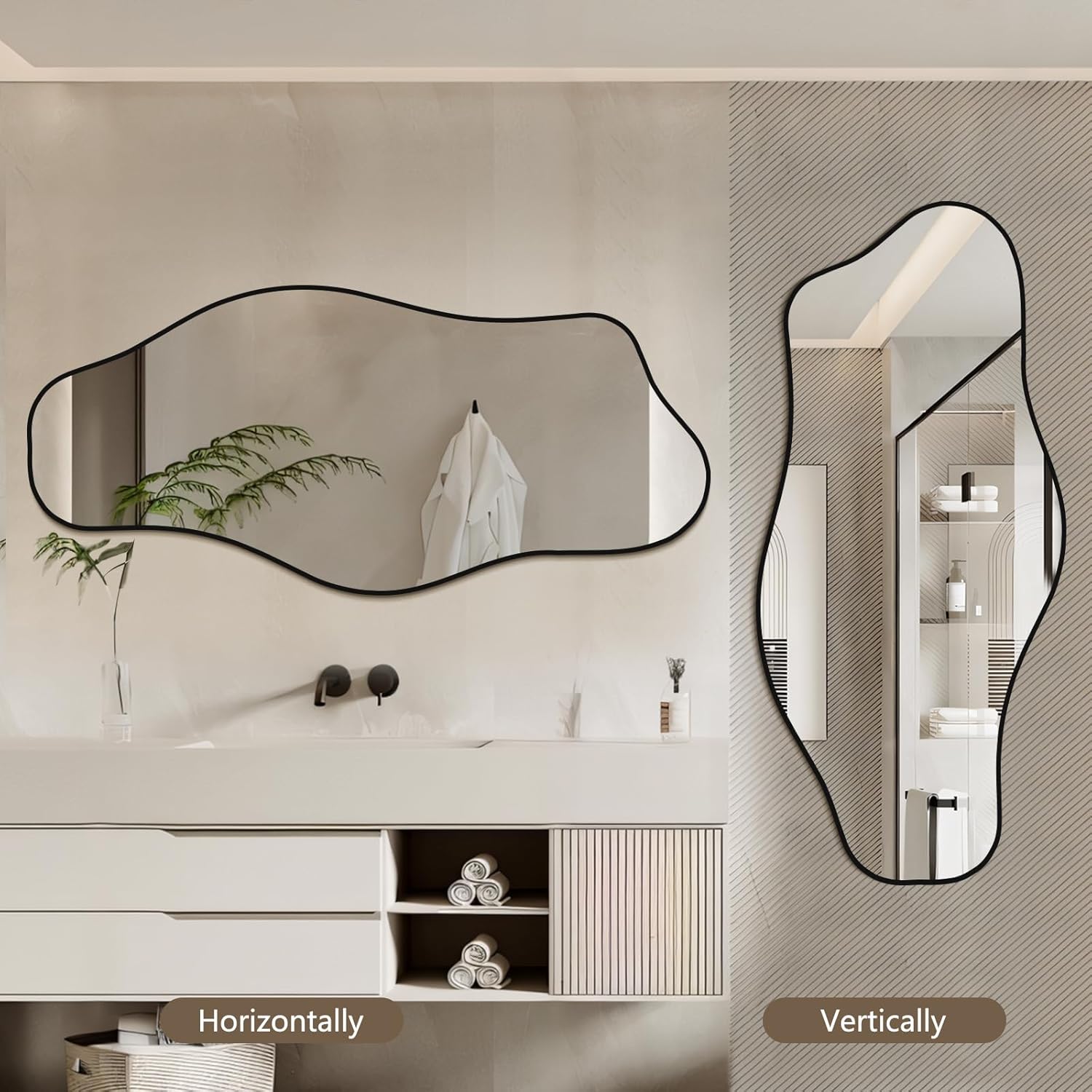 Mirrorons Irregular Wall Mirror 47×21, Black Asymmetrical Decorative Bathroom Mirror, Cloud Mirror, Modern Vanity Mirror, Shatterproof (Black)