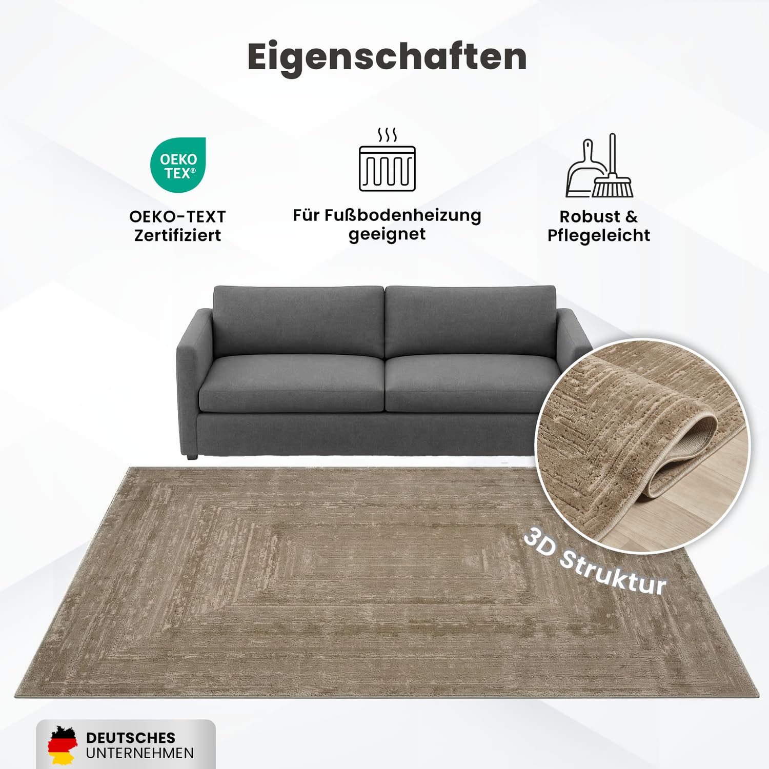 VIMODA Teppich Wohnzimmer Schlafzimmer Modern Hoch&Tief Bordüre Qualitativ 3D Effekt,Farbe:Beige;Maße:80x150 cm