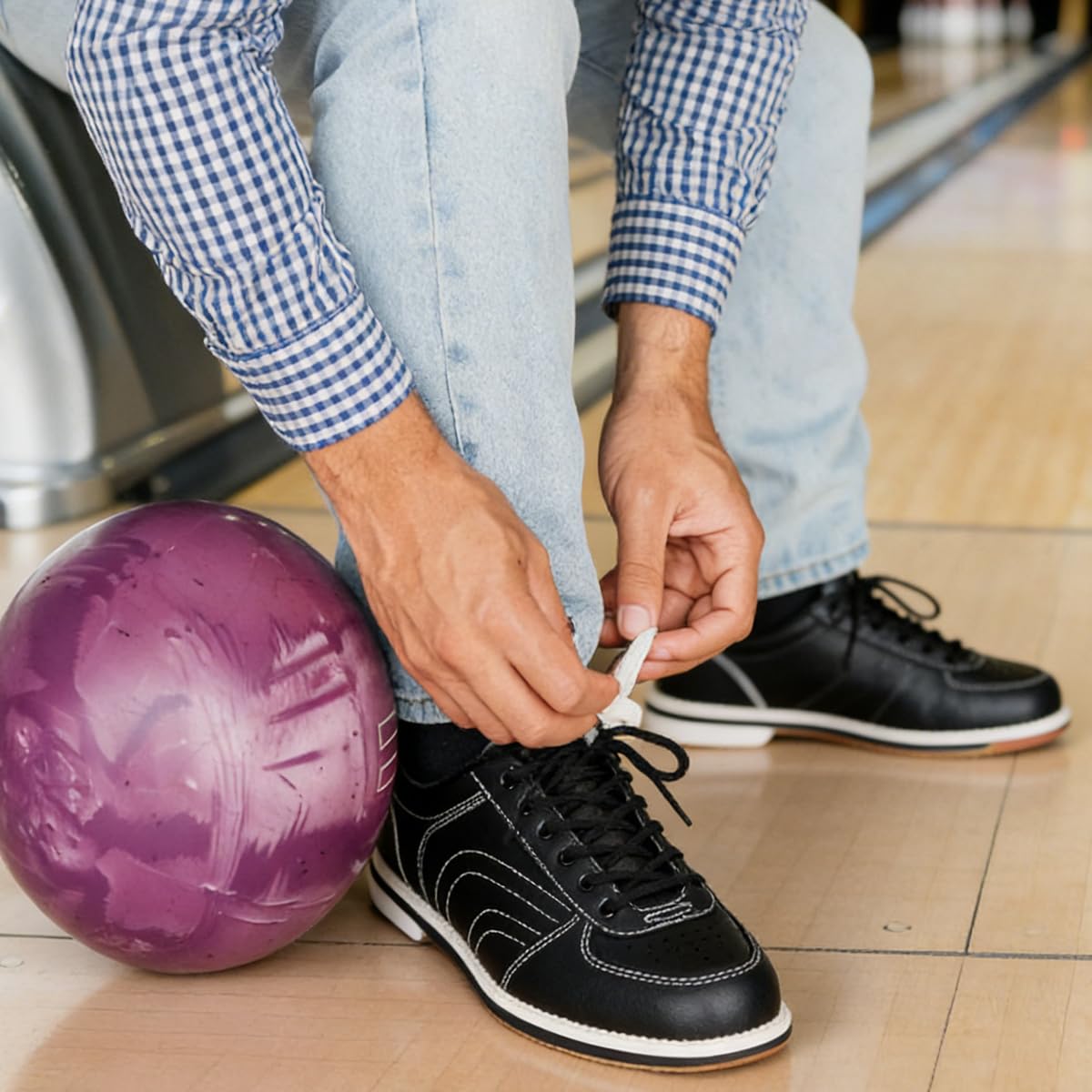 Herren Bowlingschuhe Leder bequemer Leichte Schnürung Bowling Trainingsschuhe rutschfest Atmungsaktiv Mikrofaser Sohle