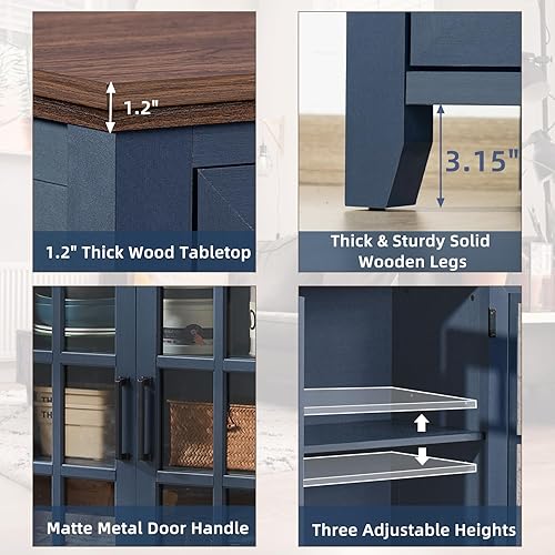 Miniatura 6 de Aparador grande con almacenamiento, 32 pulgadas, color azul marino, para cocina, cafetería, bar y vino, con 2 puertas de cristal, mesa auxiliar de