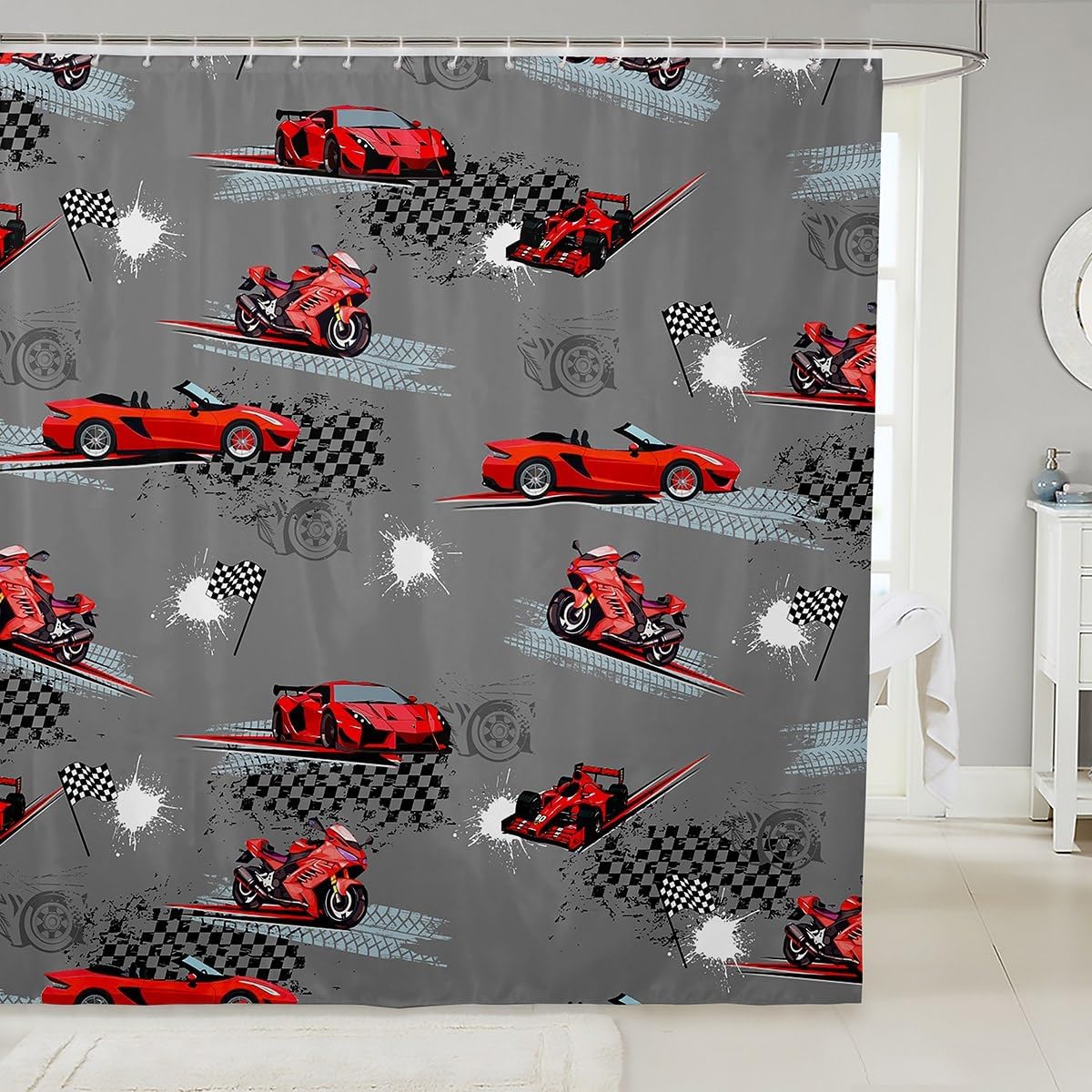 Decorative Race Car Shower Curtain Waterproof Polyester Fabric,Dirt Bike Bath Curtain Home Bathroom Decor Hanging Curtain with Hooks 72 x 78 Inch,Machine Washable
