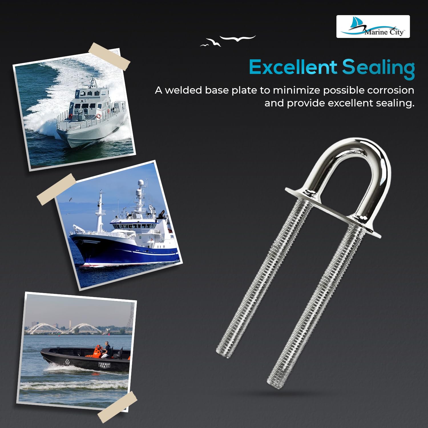 MARINE CITY 304 Grade Stainless Steel Strong Sturdy Stern 5/8 Inches Stock Fixed Welding Plate Bow Eye Tie Down U Bolt 8 Inches for Marine Boat Yacht Accessory Hardware