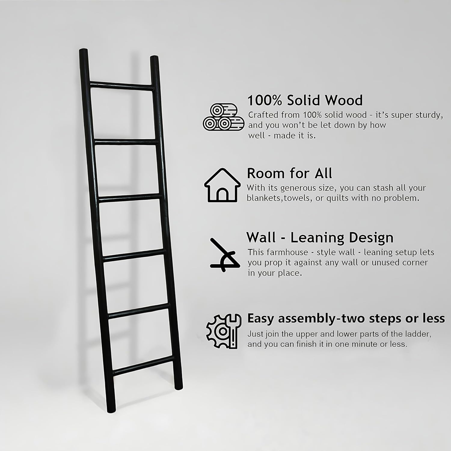 Wooden Blanket Ladder - 76in Natural & Motley Wood - Leaning Wall Decor for Bedroom, Bathroom, Living Room - Rustic Quilt Holder & Towel Rack (Black, 76in | Pre Assembled)