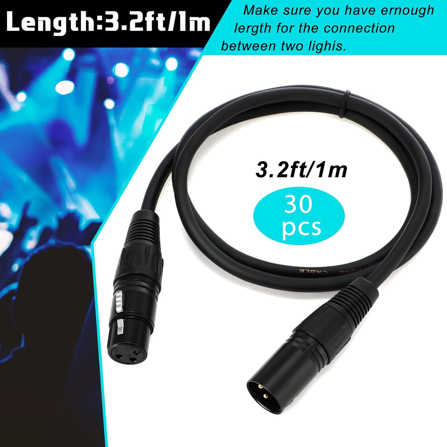Xuhal 30 Pcs Flexible DMX Cable 1 Meter DMX Signal Cables Wires with Metal Connectors 3 Pin Signal XLR Male to Female Connection for Stage Lighting Spotlight DJ Lights, Black (3.2ft)