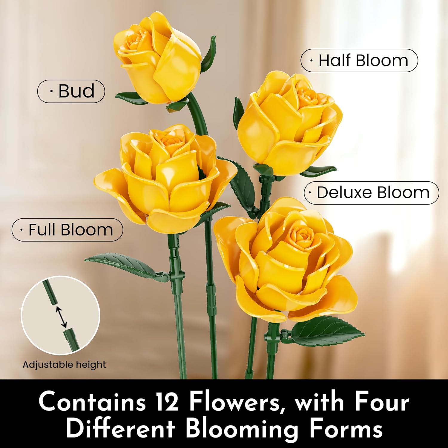 Mothers Day Rose Flower Bouquet Building Set for Adults, Gifts for Mom Wife Couple Women Girlfriend - Buildable Artificial Floral Botanical Collection Art Decor for Home or Office (530 Pcs)