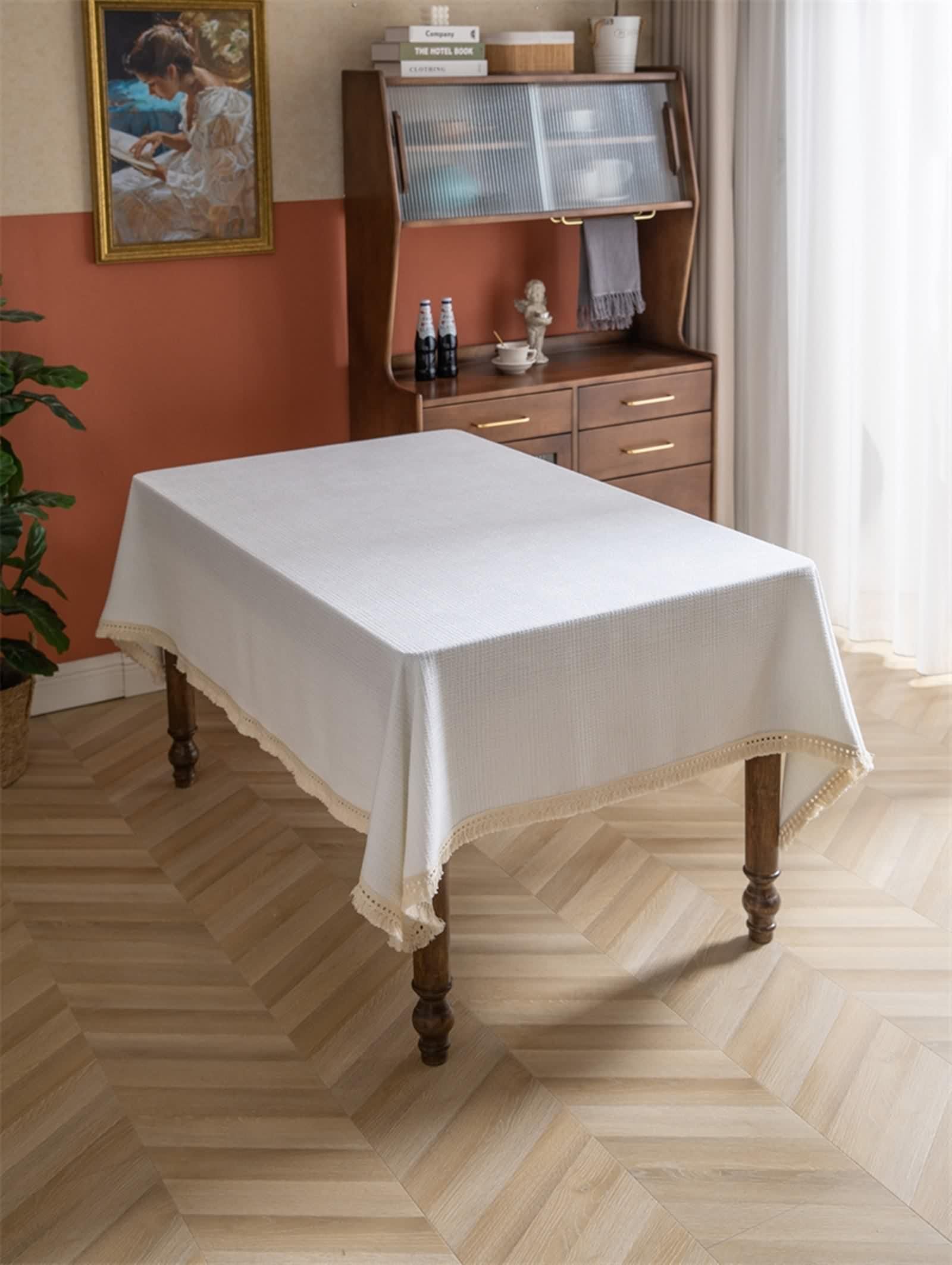 Tovaglia Bianca Elegante Rettangolare, Tovaglia Tavolo Moderna Poliestere Tinta Unita con Nappa Copri Tavolo 140X160CM per Soggiorno Cucina