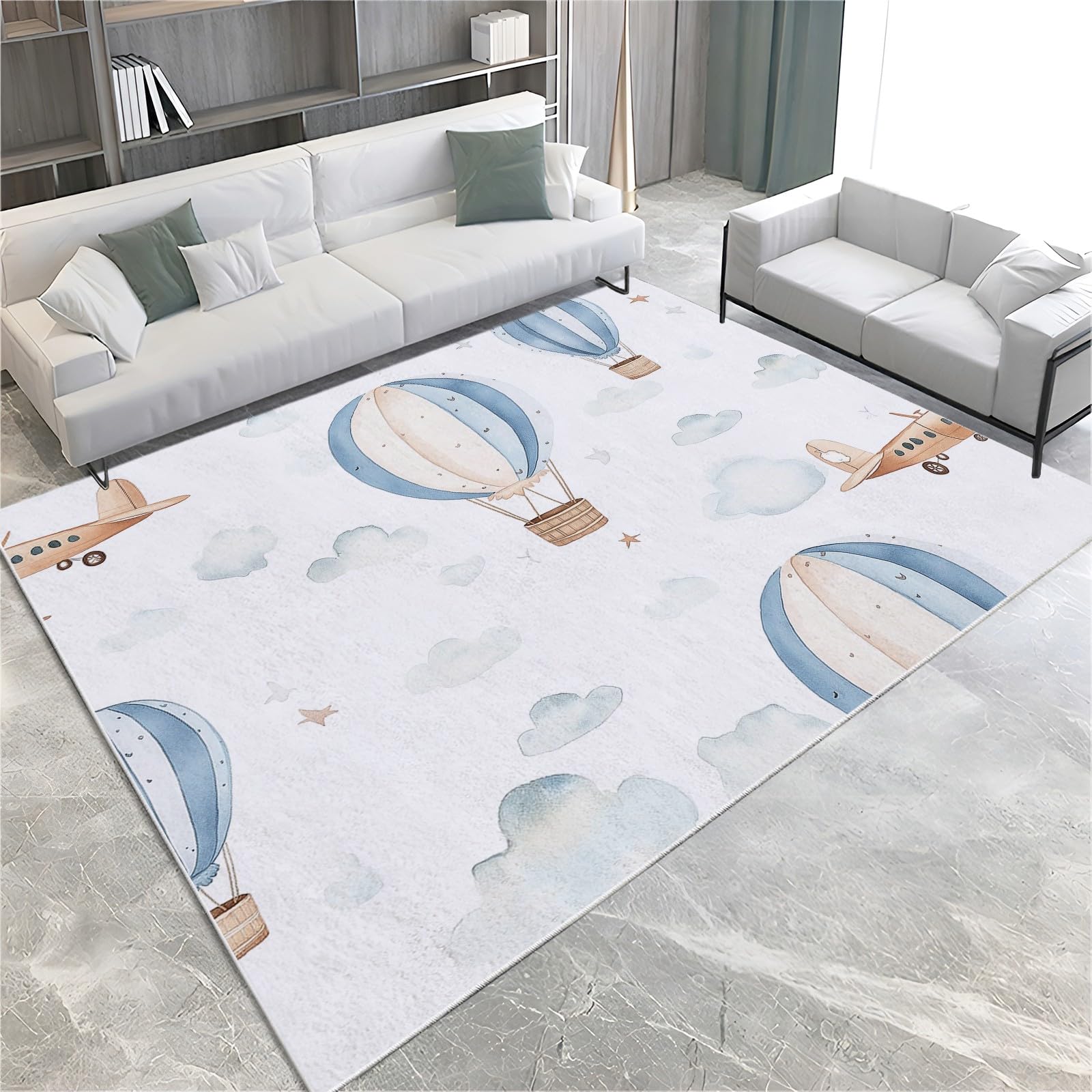 Generico Tappeto Salotto 120x180cm Aeroplano Dell'Acquerello Mongolfiera Tappeto pelo corto Camera da letto Cucina Soggiorno cameretta sala camera Tappeti moderni lavabile antiscivolo
