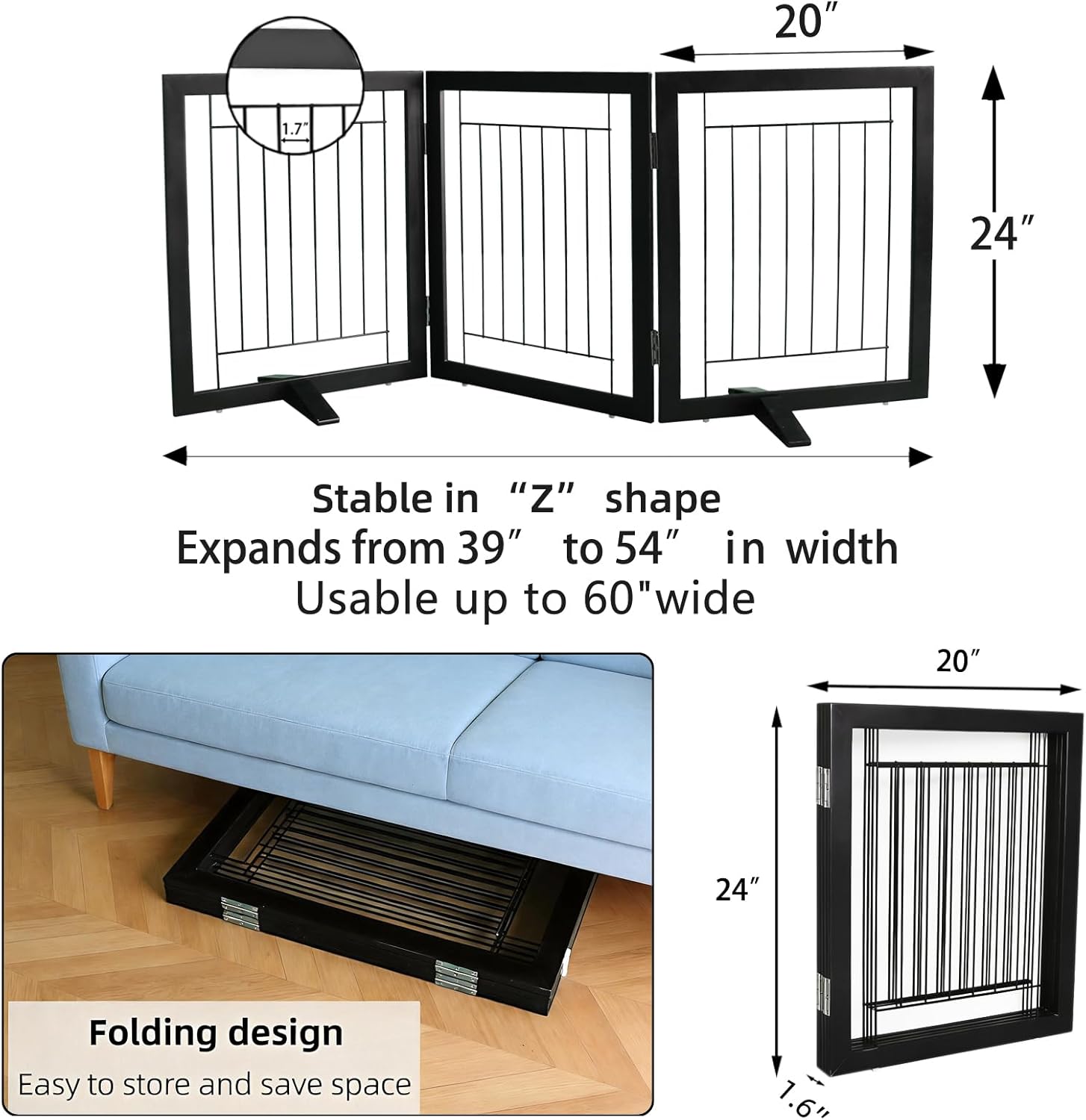 ZJSF Freestanding Dog Gate Indoor, Foldable Dog Fence for Doorways,Hallways or Stairs, Sturdy Wood Extra Wide Pet Gate with Support Feet,Black,24 "Height-3 Panels