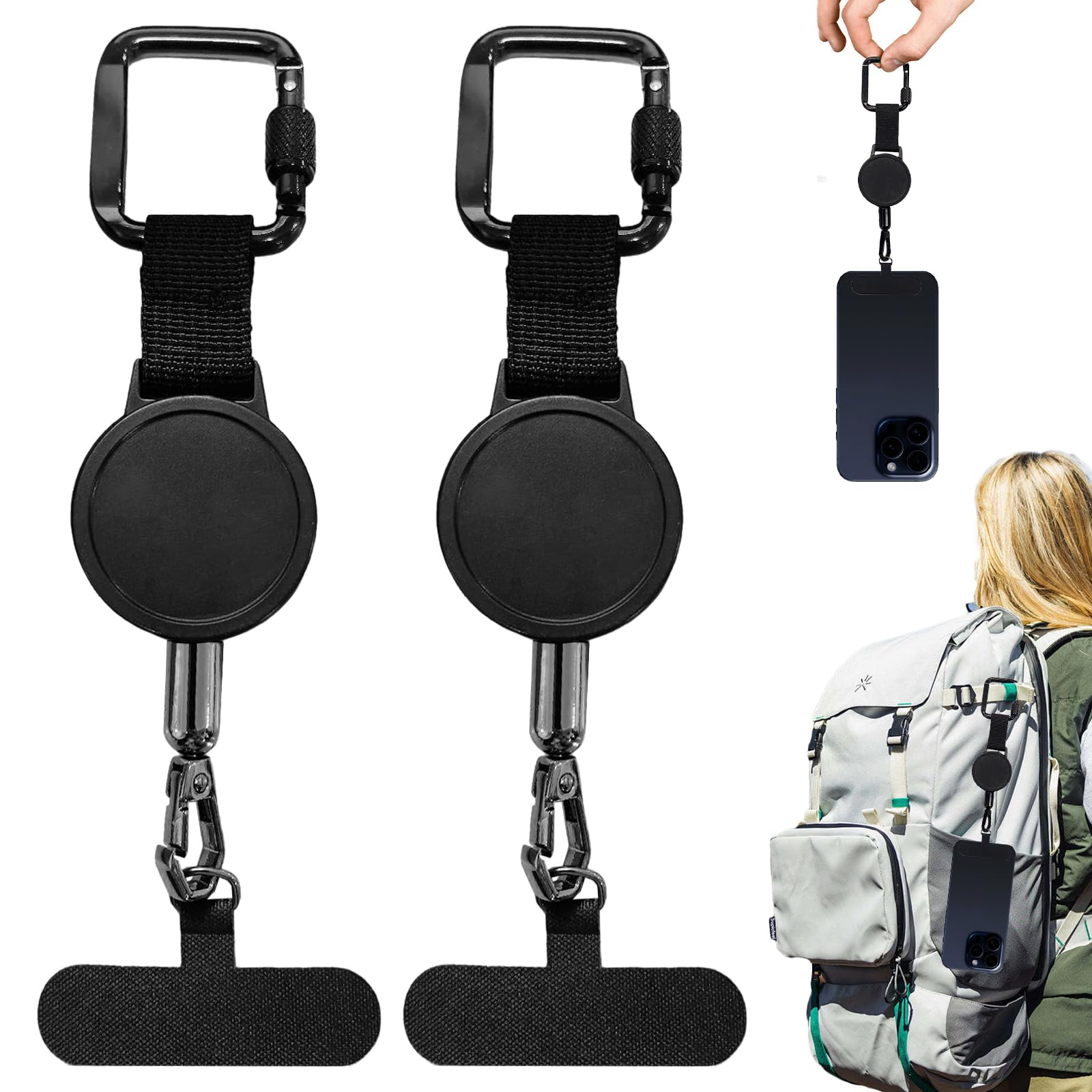 Llikknve Unisex Black 2Pcs Anti Theft Phone Strap, Retractable Mobile Phone Lanyard Tether With Carabiner, Anti-Drop, Adjustable, For Outdoor Skiing Hiking Cycling Fishing Climbing, 20Cm