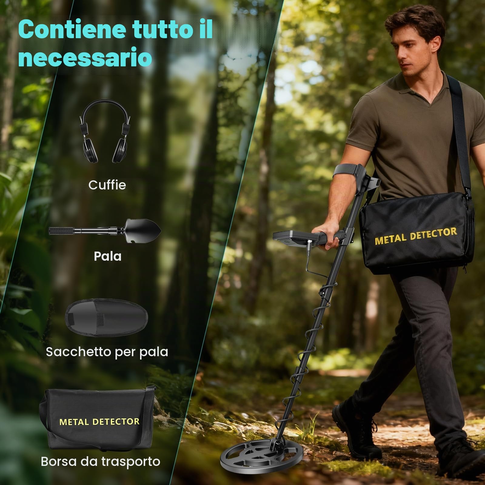 Metal detector professionale con 2 batterie,5 modalità Metal detector per adulti e bambini, bobina di ricerca impermeabile IP68 da 26cm con display LCD,cuffie,pala da scavo (Verde Scuro)
