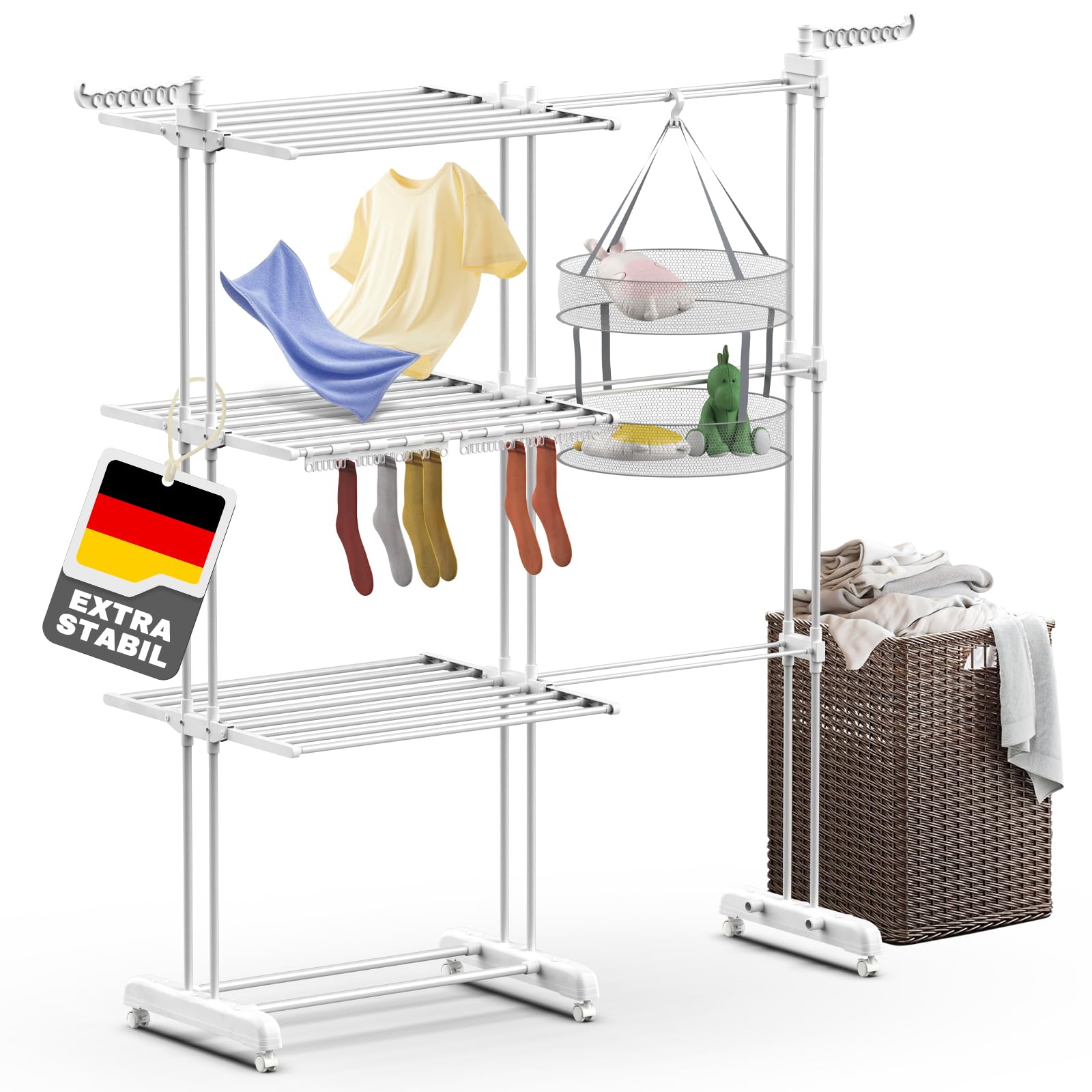 Huracan Turm Wäscheständer Standtrockner 3 Ebenen mit Sockenhalter, Flügelwäscheständer Klappbare, Wäschetrockner mit Rollen für Innen Außen, Wäscheturm Teleskop, Clothes Drying Rack Wäschehalter Weiß