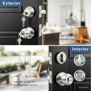 Knobonly Keyed Alike Exterior Door Knob, Round Outdoor Lock with One Sided Deadbolt, Stainless Steel, Satin Nickel Door Knobs, Silver Door Handle Sets, 6 Pack