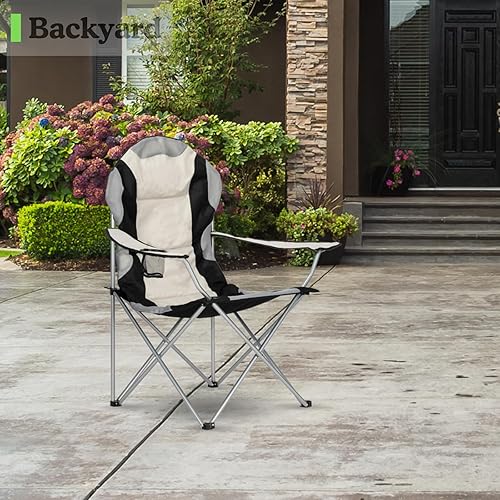 Miniatura 7 de Silla de camping portátil con soporte de respaldo, silla de césped acolchada plegable para exteriores con soporte para tazas de almacenamiento para