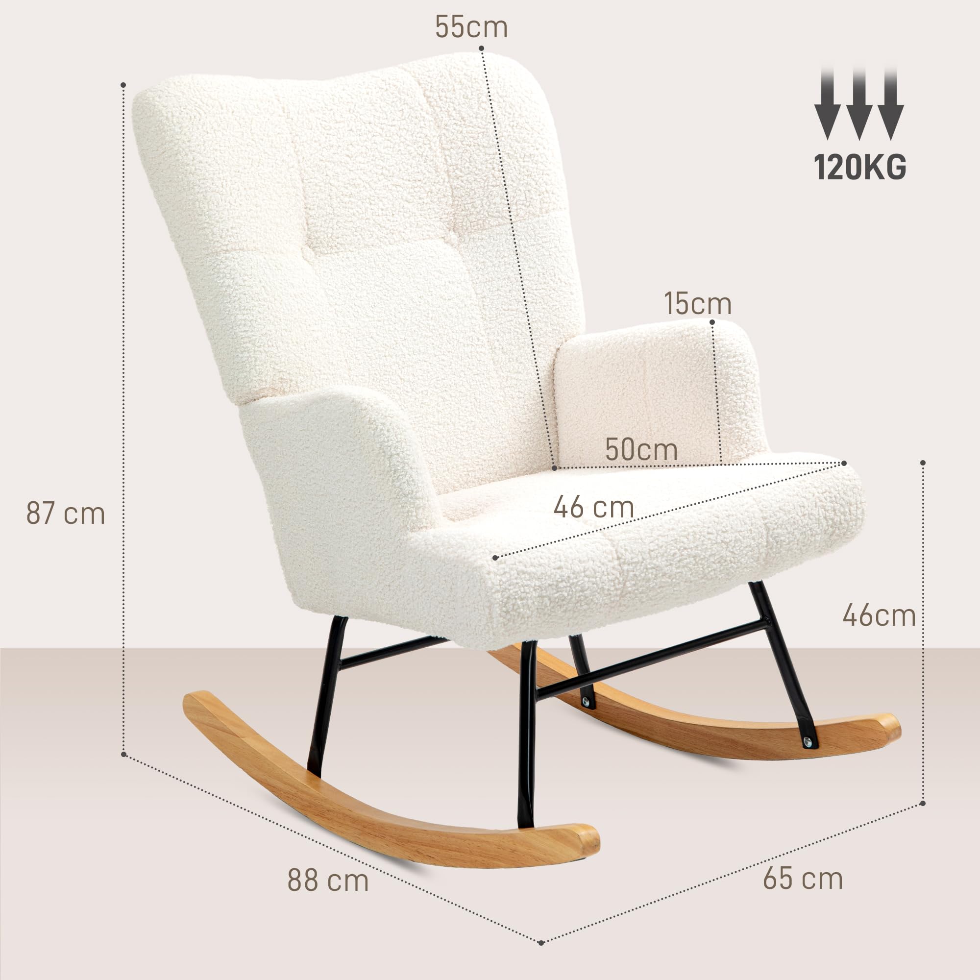 HOMCOM Silla Mecedora, Mecedora de Terciopelo de Teddy con Respaldo Alto, Patas de Madera de Caucho, Reposabrazos, Estilo Moderno, Sillón de Lactancia, Carga 120 kg, para Dormitorio, Salón, Crema
