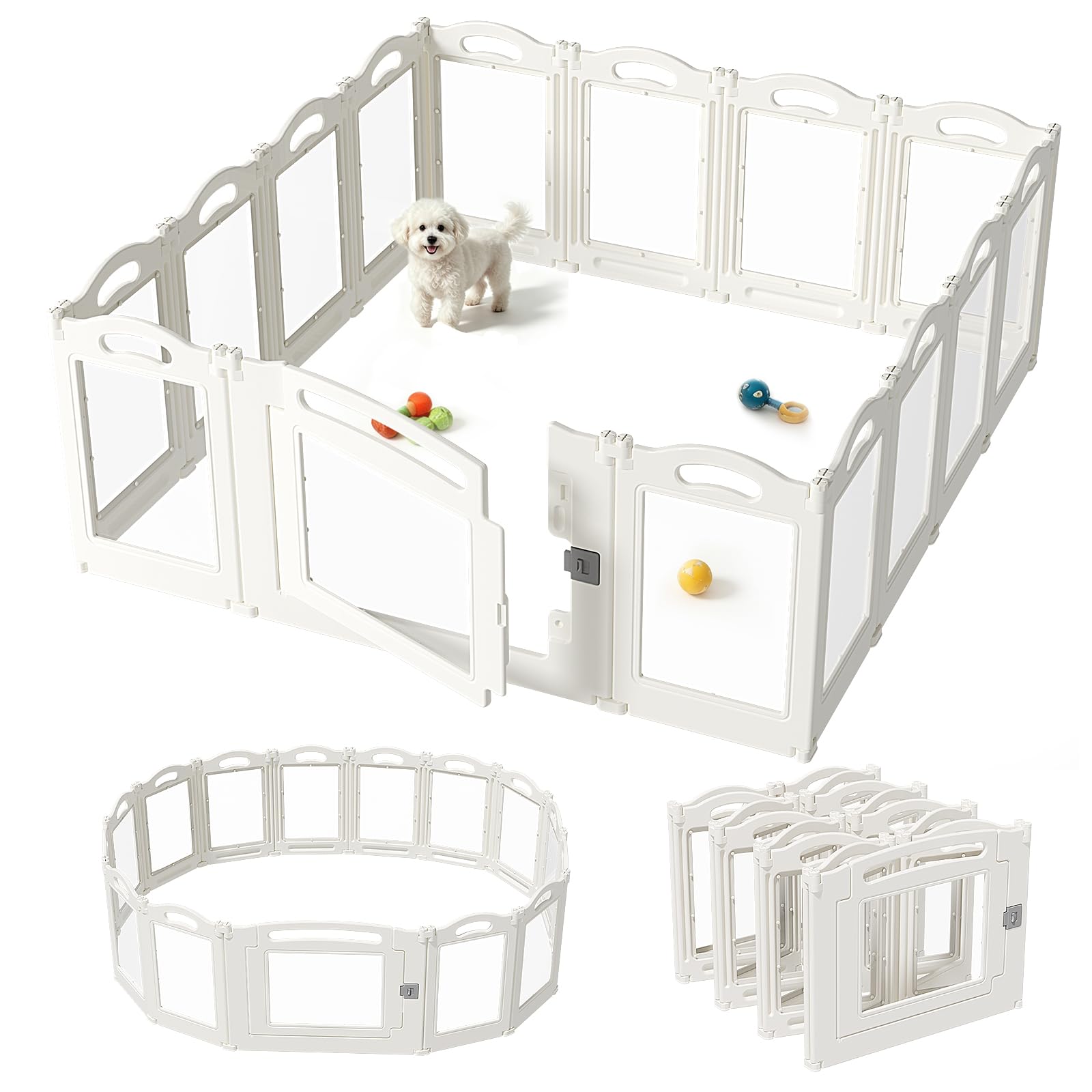 Foldable Clear Acrylic Dog Playpen with Door, 23.6" Acrylic Puppy Playpen, Easy Assemble Indoor Pet Fence with White Frame, Clear Dog Playpen for Puppies &amp; Animal (White, 23.6‘H, 12 Panels + 1 Door)