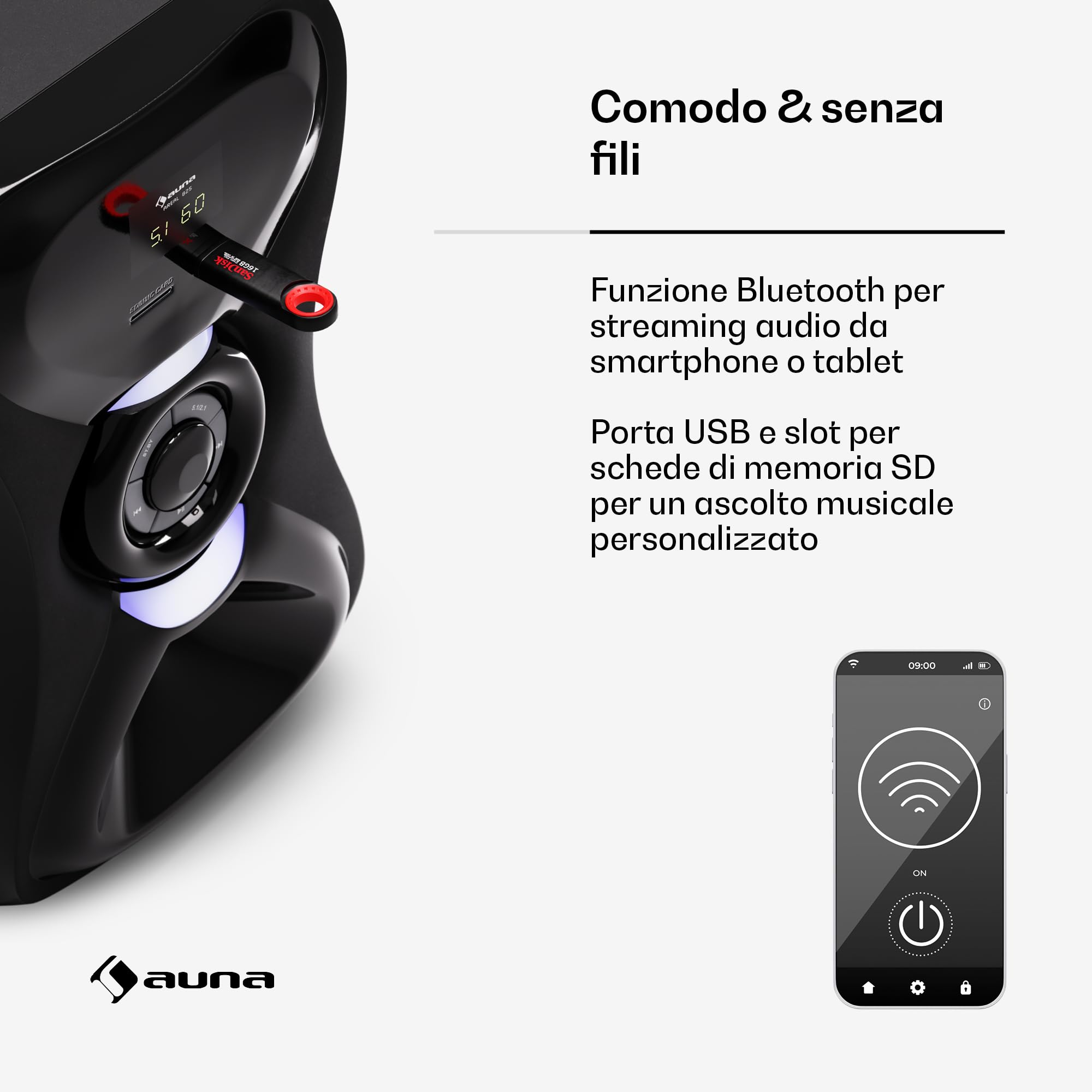 AUNA Areal 825 Impianto Stereo da Casa 5.1 Wireless - Bluetooth, Subwoofer 100W, Elegante, Illuminazione RGB - USB/SD, AUX & Ingresso Ottico, Telecomando, Karaoke