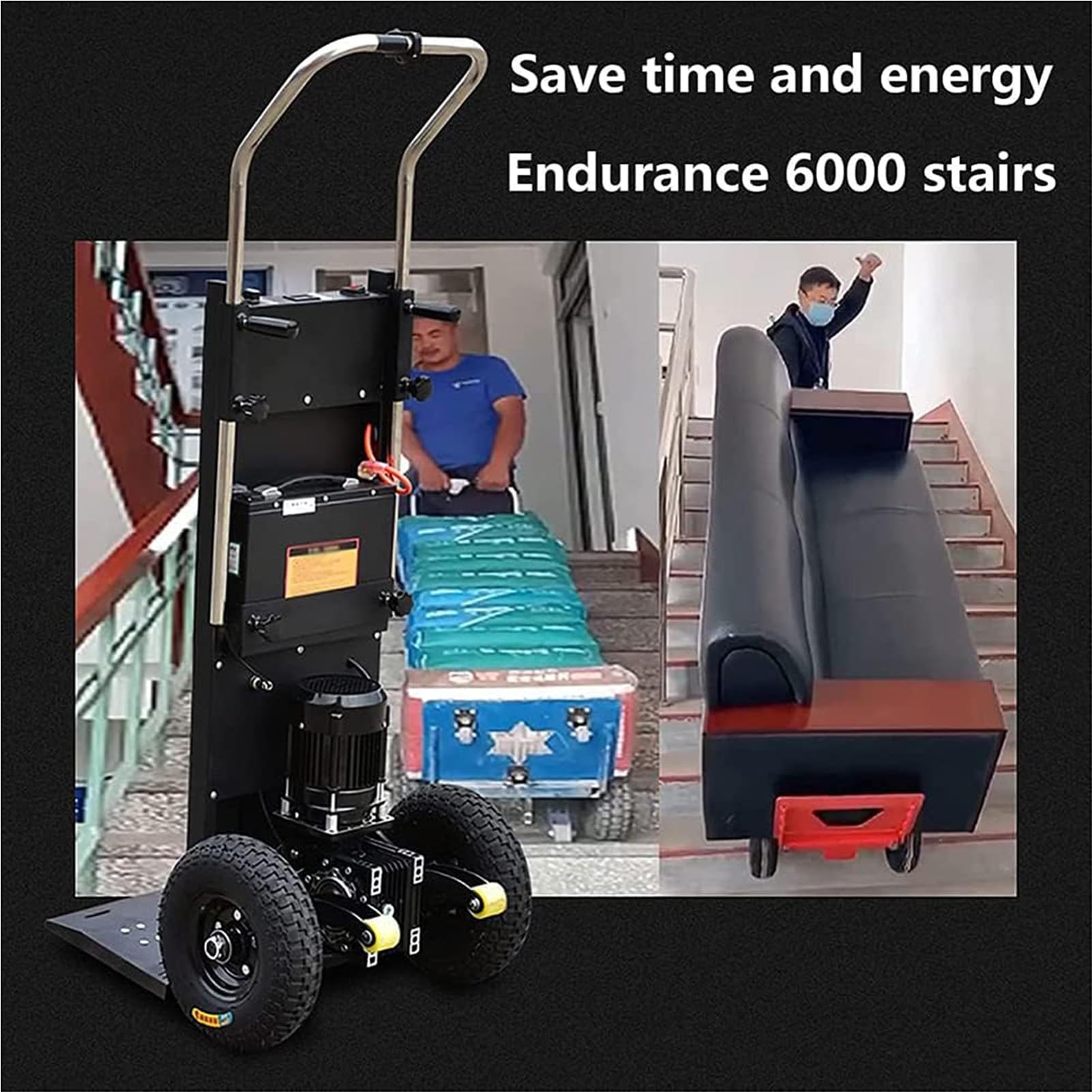 Carrello Saliscale Elettrico 1200 W, con Maniglia Telescopica, con Batteria al Litio, Carico 400 kg, Carrello per Sacchi Oggetti Pesanti su E Giù Scale,A