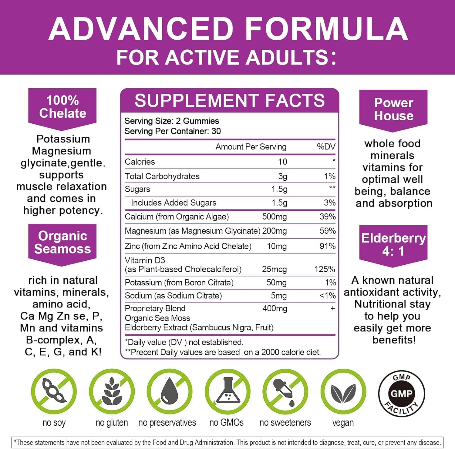 Calcium Magnesium Zinc Gummies with High Absorption Magnesium Glycinate, Potassium -Plant Calcium Supplement w/ D3 & Sea Moss for Bone, Muscles, Calm Mood & Sleep Support- Kids & Adults (2 Pack) - Image 2