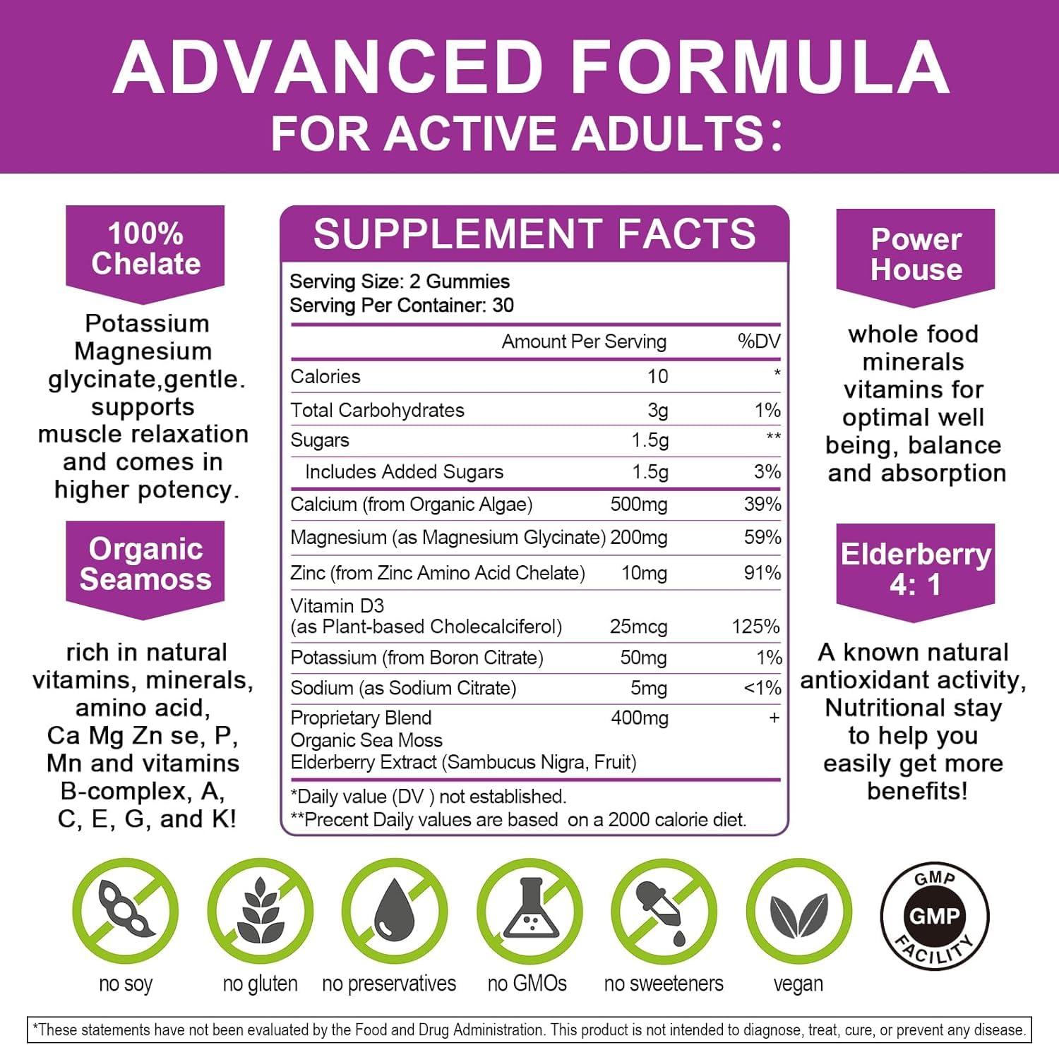 Calcium Magnesium Zinc Gummies with High Absorption Magnesium Glycinate, Potassium -Plant Calcium Supplement w/ D3 & Sea Moss for Bone, Muscles, Calm Mood & Sleep Support- Kids & Adults (2 Pack)