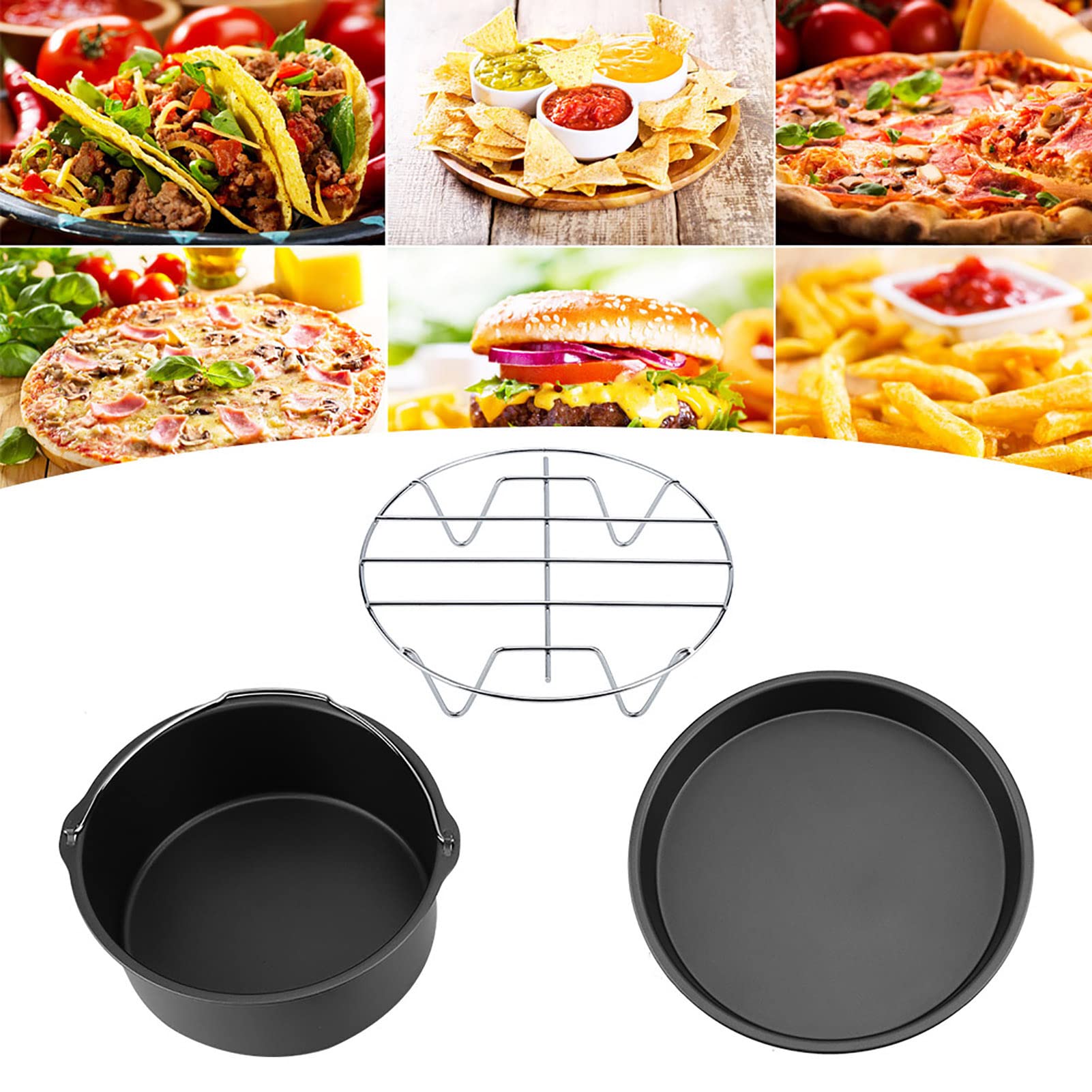 Juego de accesorios multifuncionales para freidora de aire de 8 pulgadas, 3 en 1, compatible con Gowise Cozyna; incluye recipiente para pasteles, bandeja para pizza y (Negra)