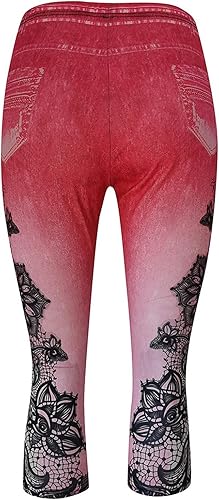 Miniatura 3 de Leggings con aspecto de jean para mujer, cintura alta, control de abdomen, jeans falsos, estampado floral, pantalones capri elásticos para yoga
