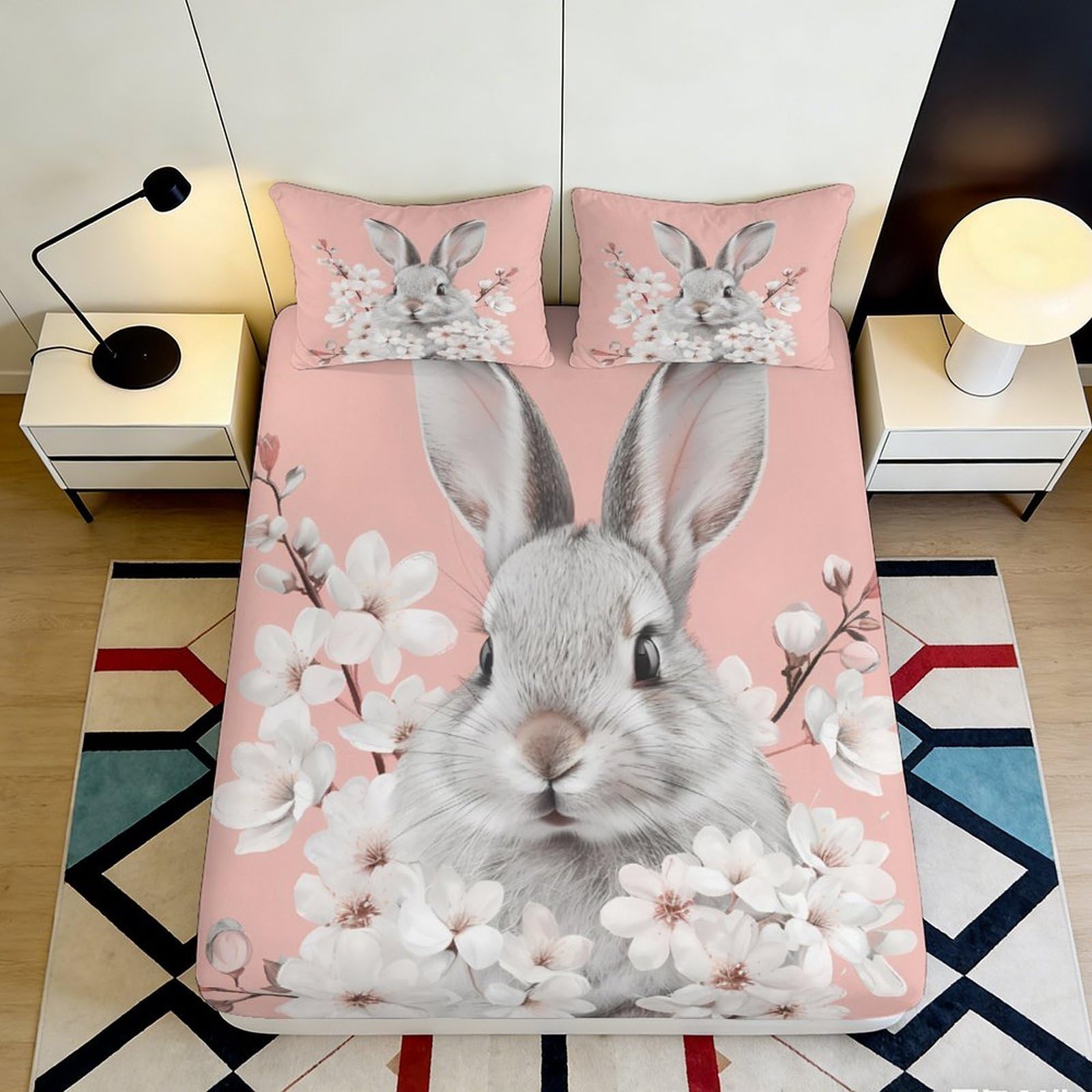 Uxinyoume Style-1 3D Printed Bunny Blossom Fitted Sheet Microfiber Soft Pink Rabbit Bed Cover For Bedroom Dorm Mattress Protection Decor 90X200x25cm