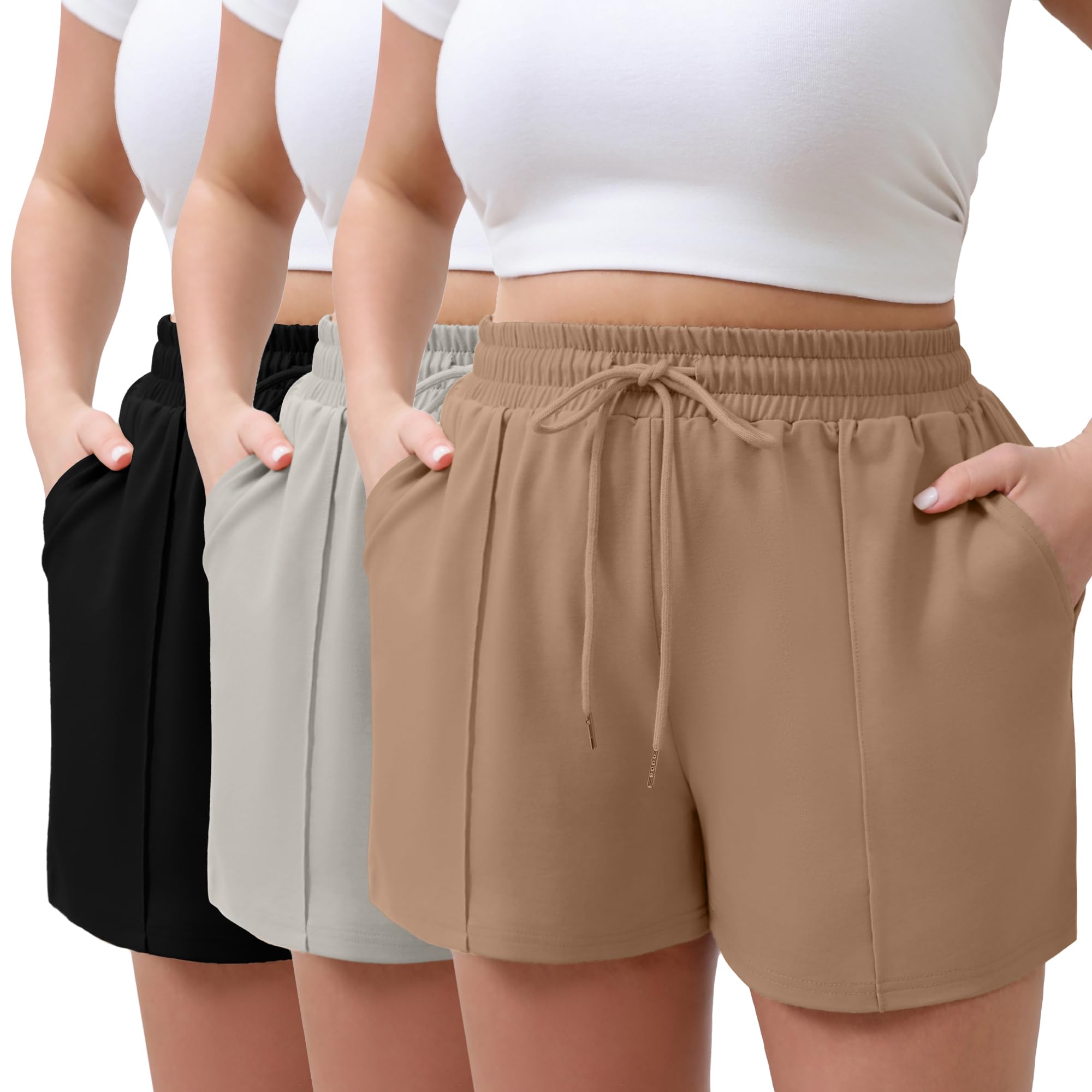 Neer 3 Pack Women's Plus Size Sweat Shorts, Drawstring Shorts with Pocket Summer Athletic Lounge Running Bottoms