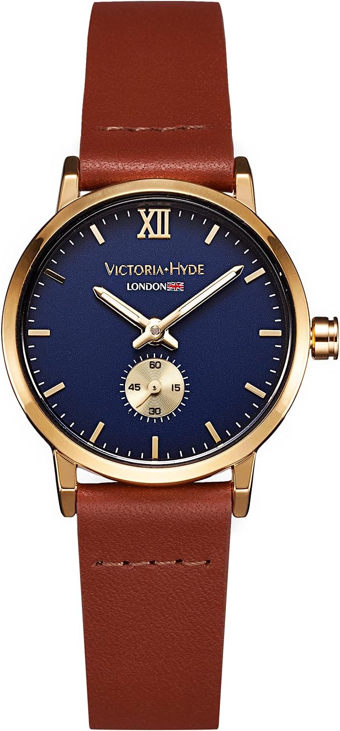 Women Second Hand Wrist Watch Gold Round With Blue Dial Quartz Waterproof Leather Brown