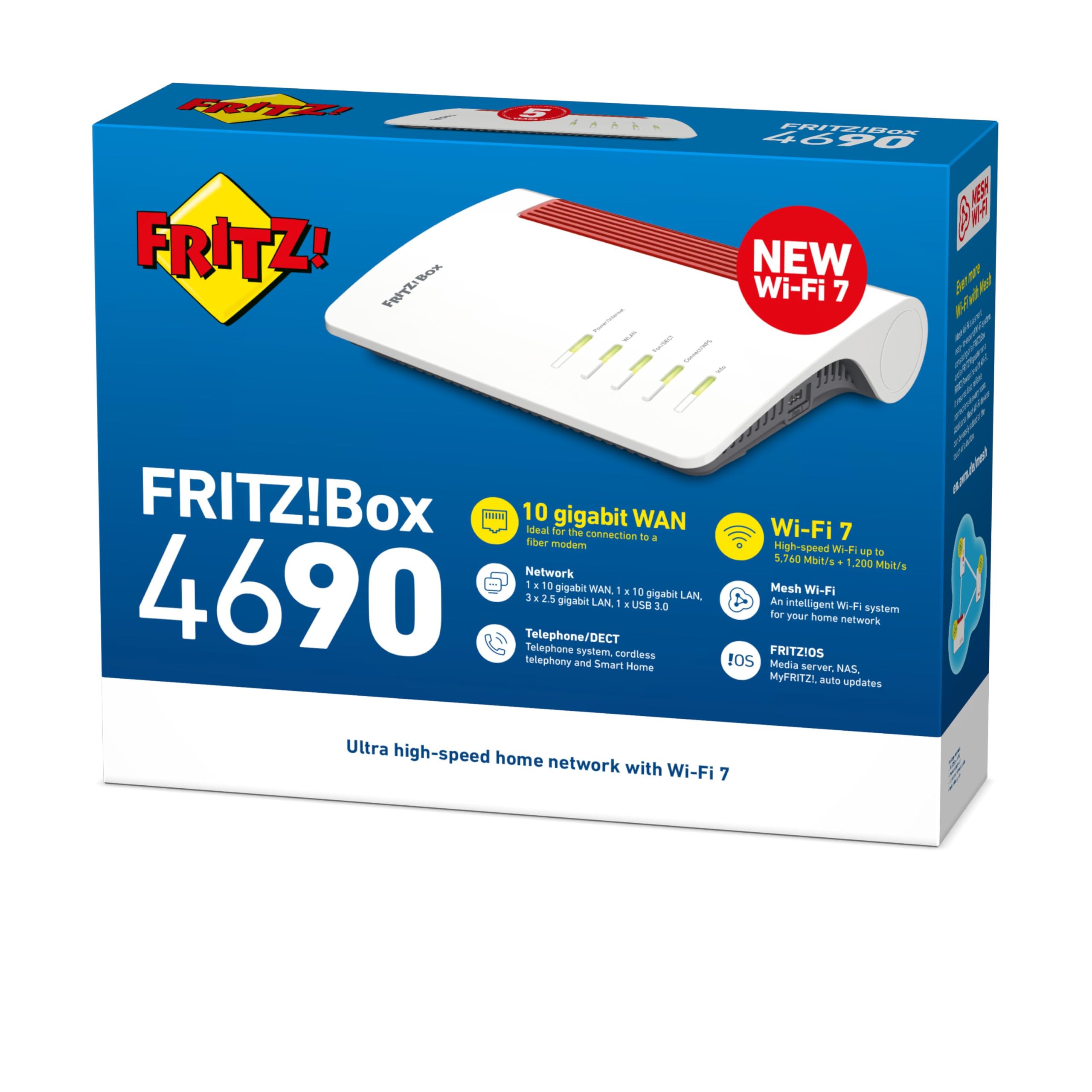 Fritz!Box 4690 Edition International, Wi-Fi 7 Mesh Router für DSL oder Fibre, bis zu 6960 Mbit/s Geschwindigkeit, 1x 10-Gigabit WAN/LAN, 3X 2.5-Gigabit LAN, DECT-Basis und Zigbee, Wi-Fi MESH und