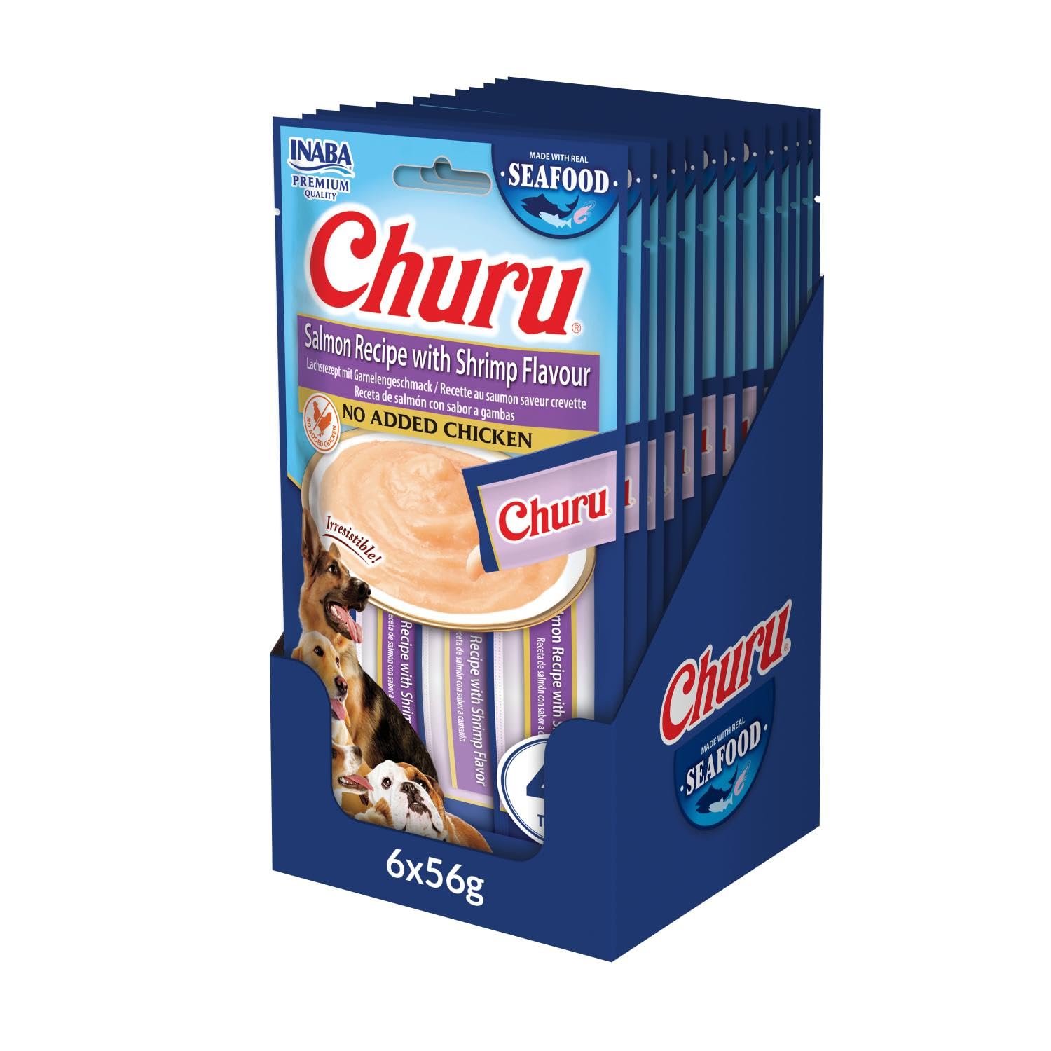 Churu Sticks by INABA Dog Treat - Salmon & Shrimp Flavour 12 Pack (48 x 14g total) / Soft & Creamy Dog Treat, Delicious & Healthy Snack, Food Topper, Pill Assist, Training Treat, Natural, Grain Free